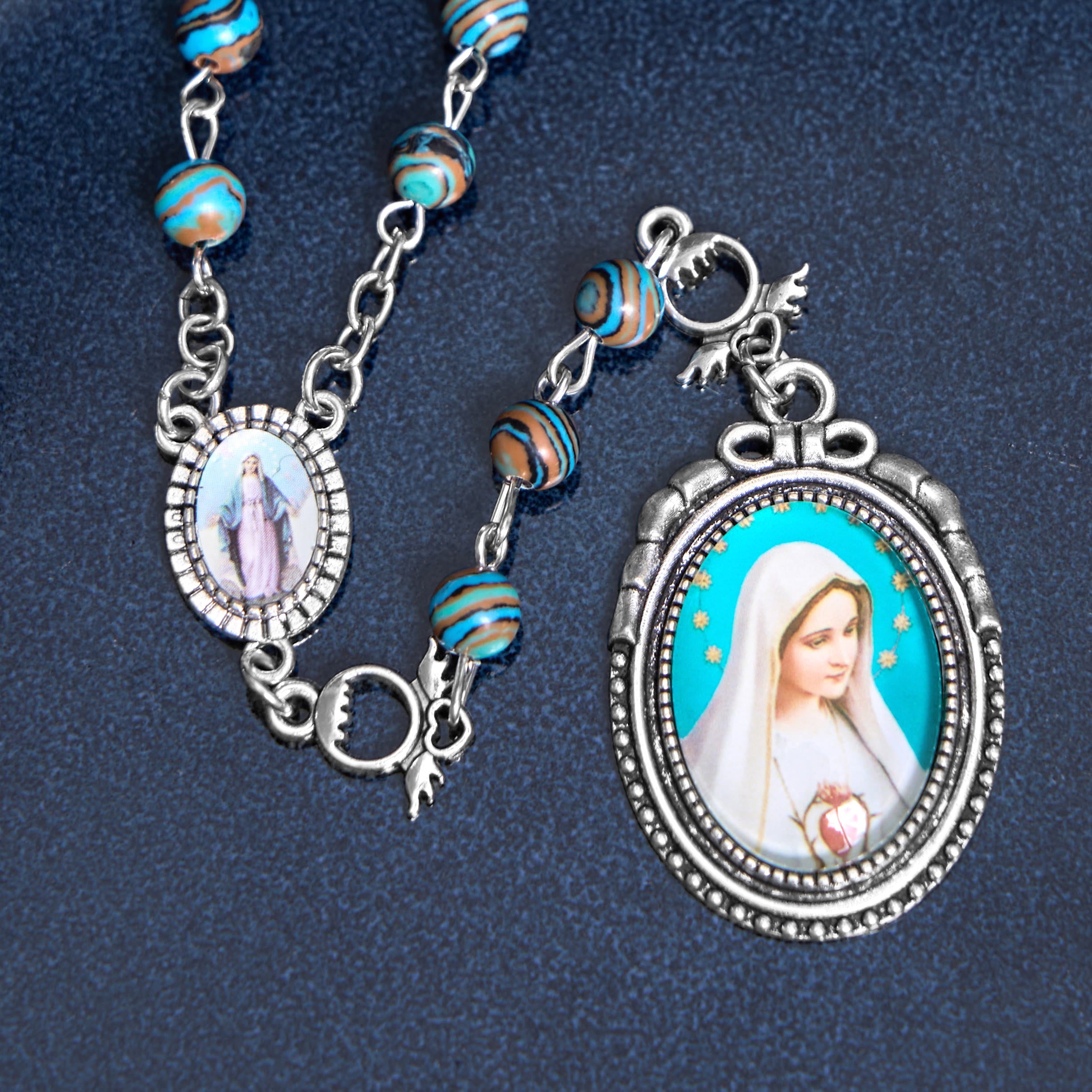 christiandiscipleshop Miraculous Medal & Crucifix of 6 mm Round Green Malachite Alloy Chain Rosary