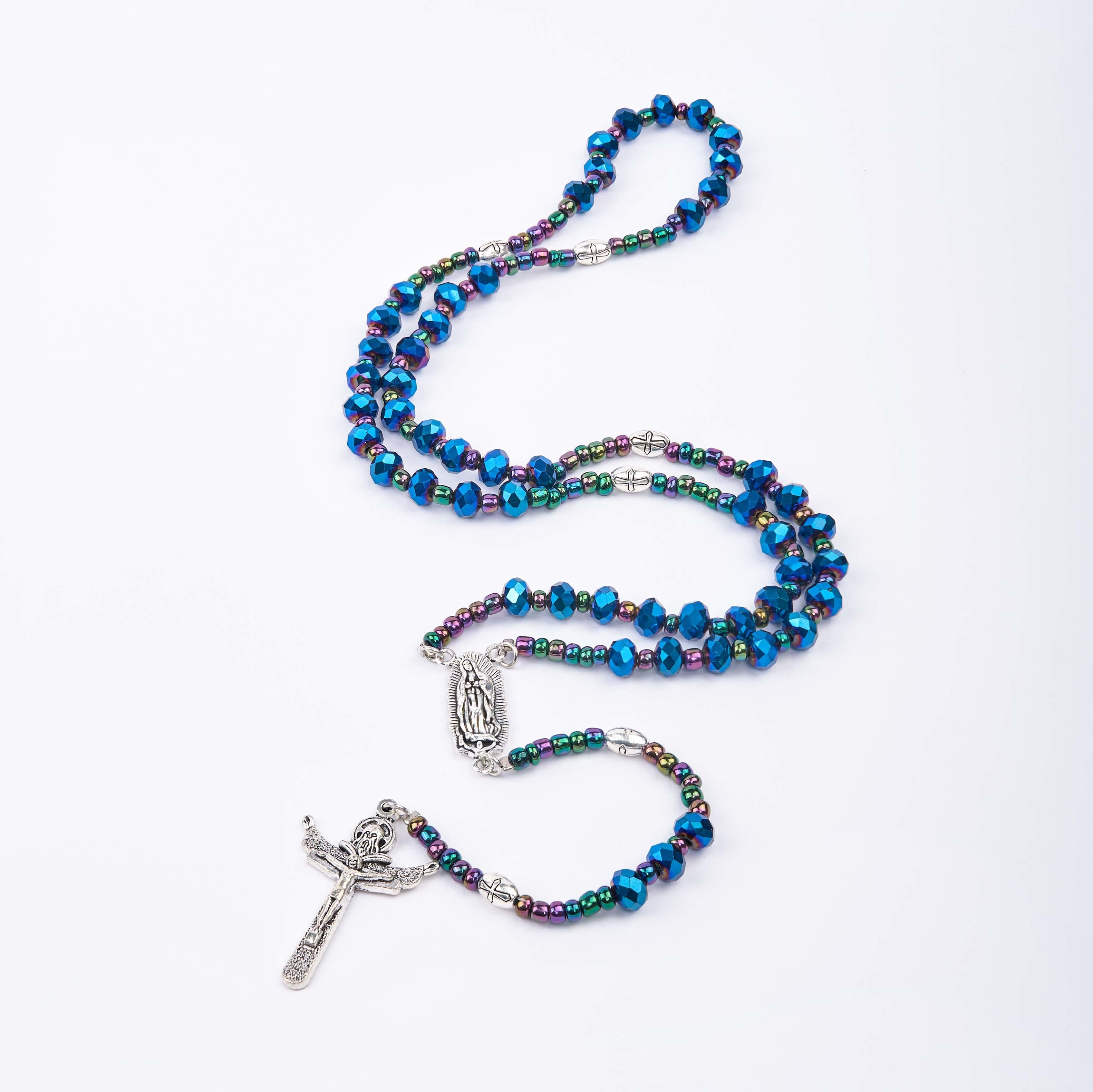 Christiandiscipleshop Our Lady of Guadalupe & Trinity Cross of 4*6 mm Polyhedron Blue Crystal Nylon Cord Rosary