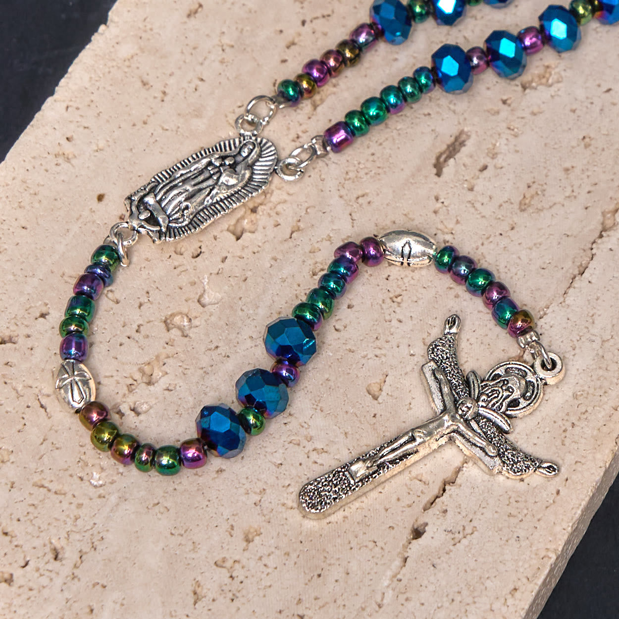 Christiandiscipleshop Our Lady of Guadalupe & Trinity Cross of 4*6 mm Polyhedron Blue Crystal Nylon Cord Rosary