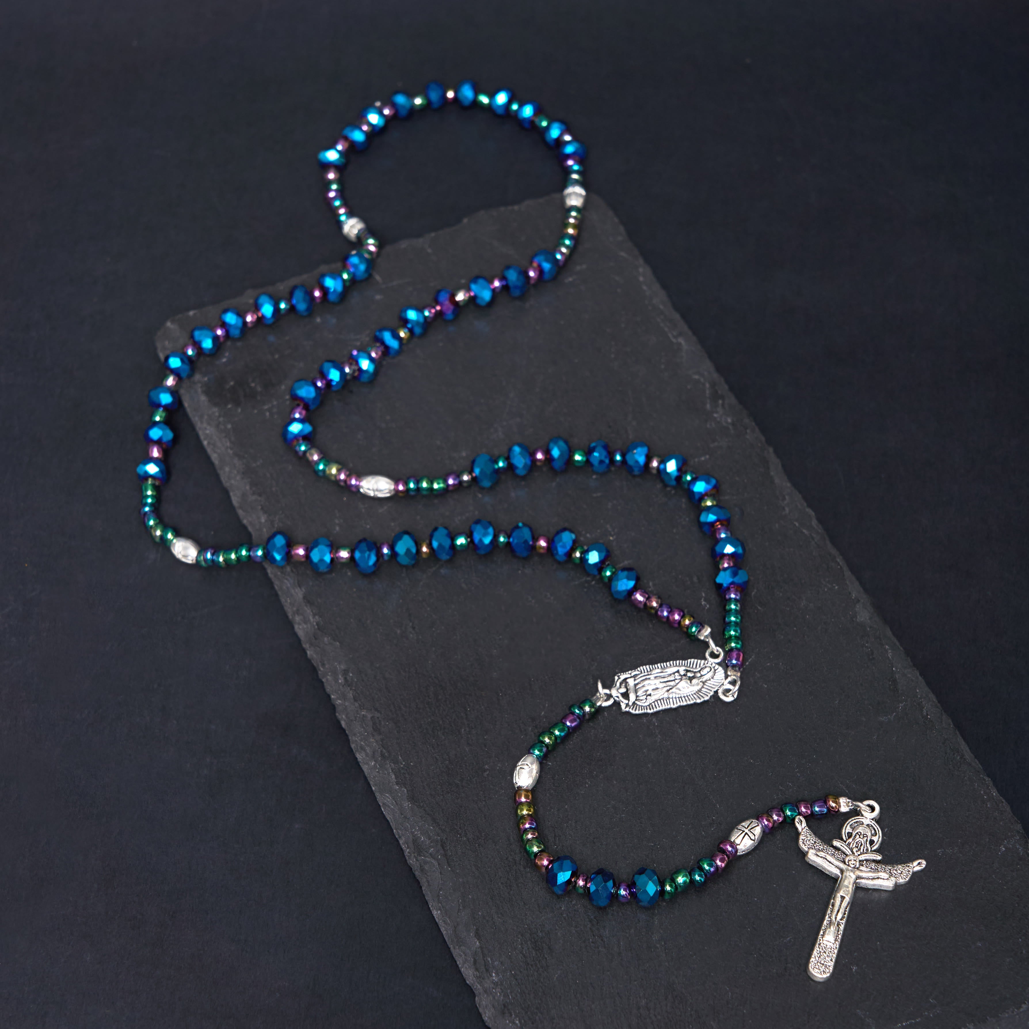 Christiandiscipleshop Our Lady of Guadalupe & Trinity Cross of 4*6 mm Polyhedron Blue Crystal Nylon Cord Rosary