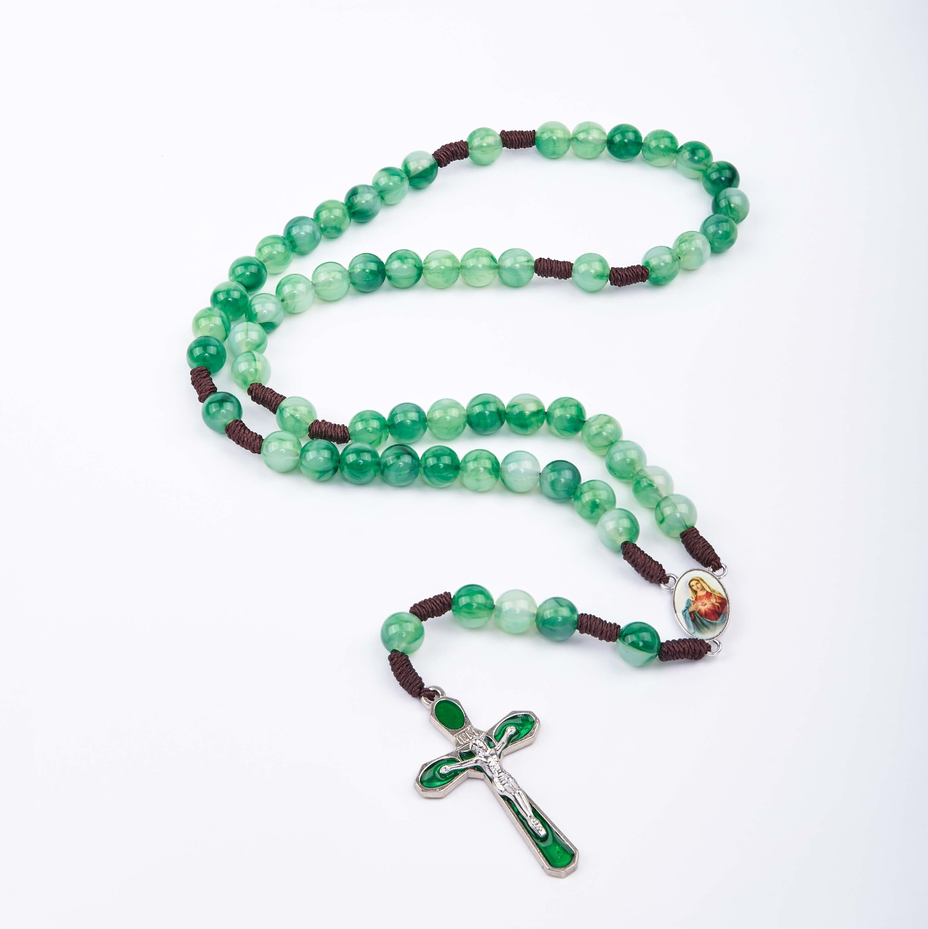 christiandiscipleshop Immaculate Heart of Mary & Crucifix of 10 mm Round Green Acrylic Nylon Cord Rosary