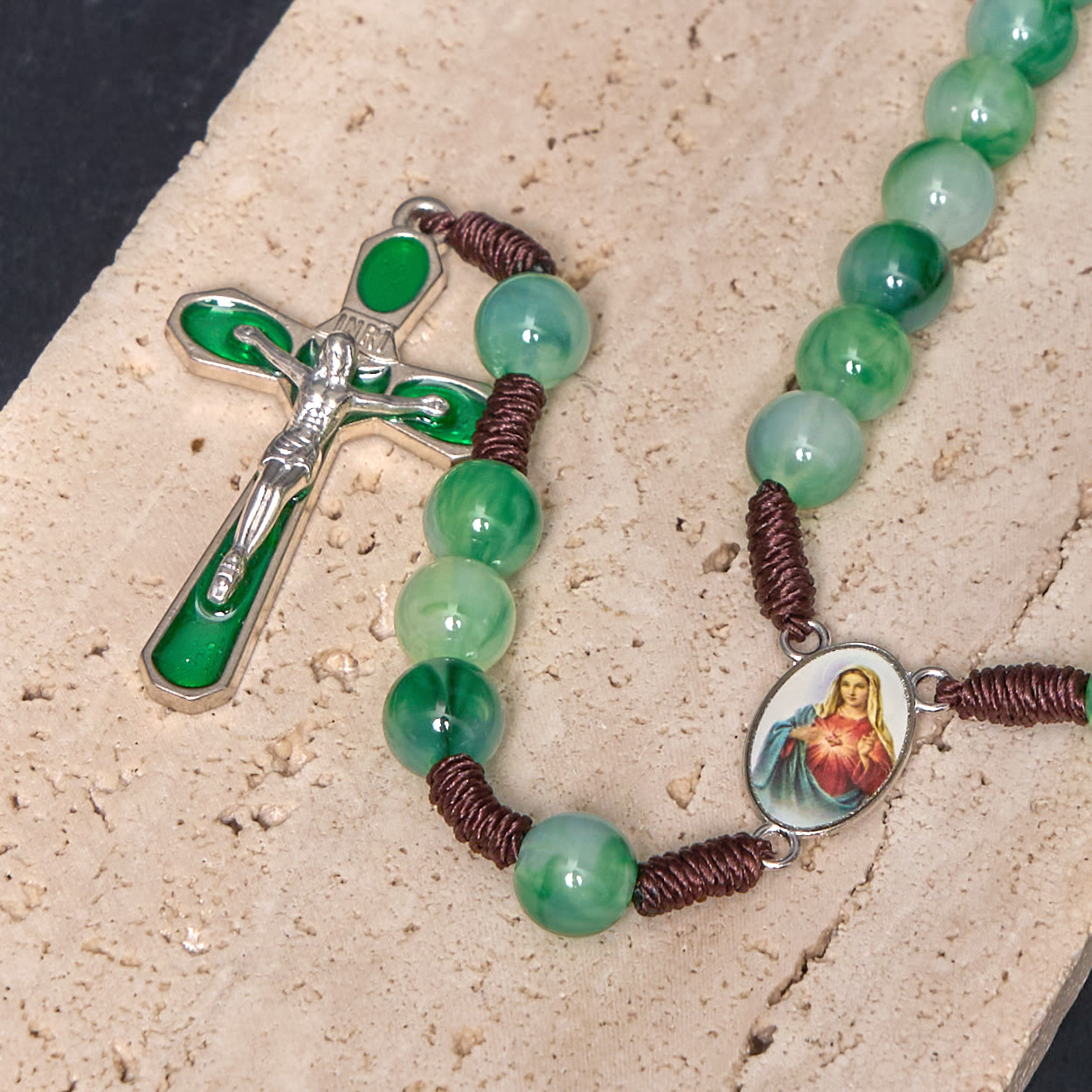 christiandiscipleshop Immaculate Heart of Mary & Crucifix of 10 mm Round Green Acrylic Nylon Cord Rosary