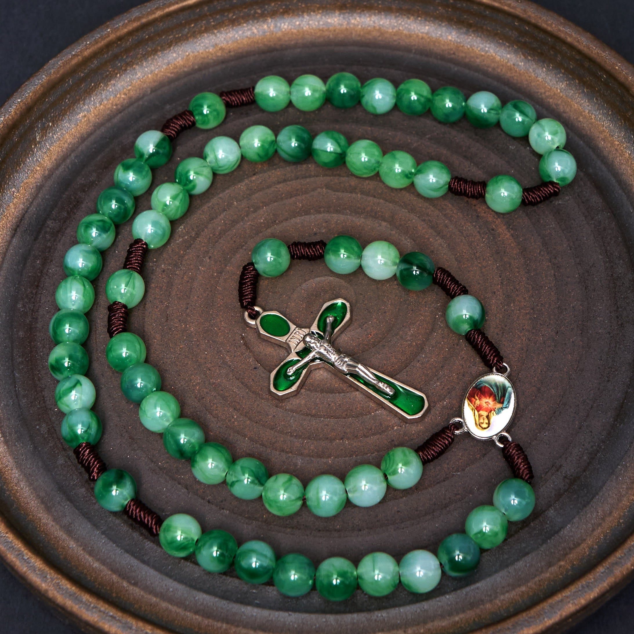 christiandiscipleshop Immaculate Heart of Mary & Crucifix of 10 mm Round Green Acrylic Nylon Cord Rosary