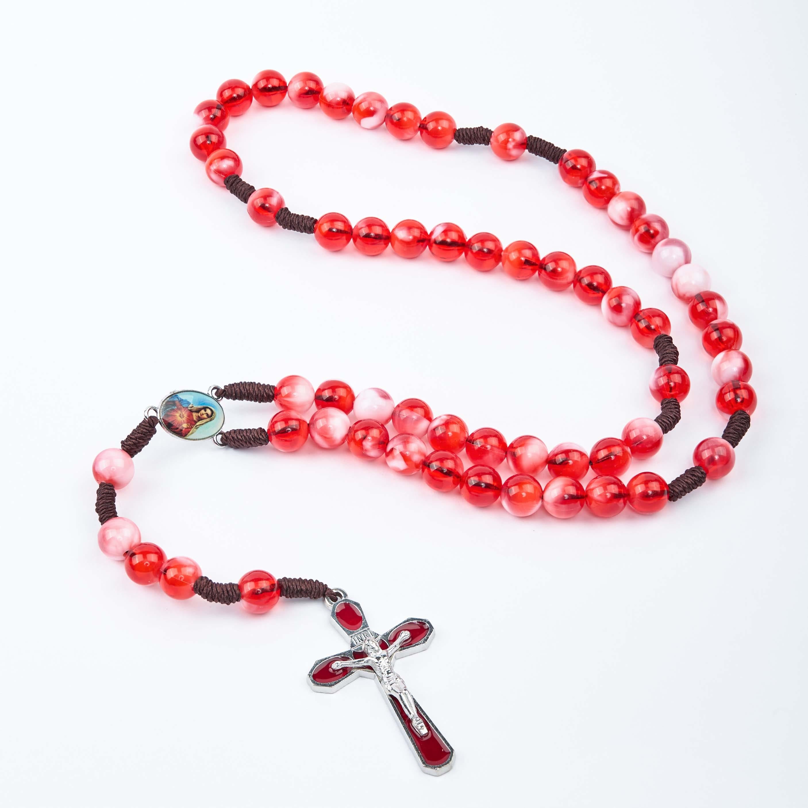 christiandiscipleshop Immaculate Heart of Mary & Crucifix of 10 mm Round Red Acrylic Nylon Cord Rosary