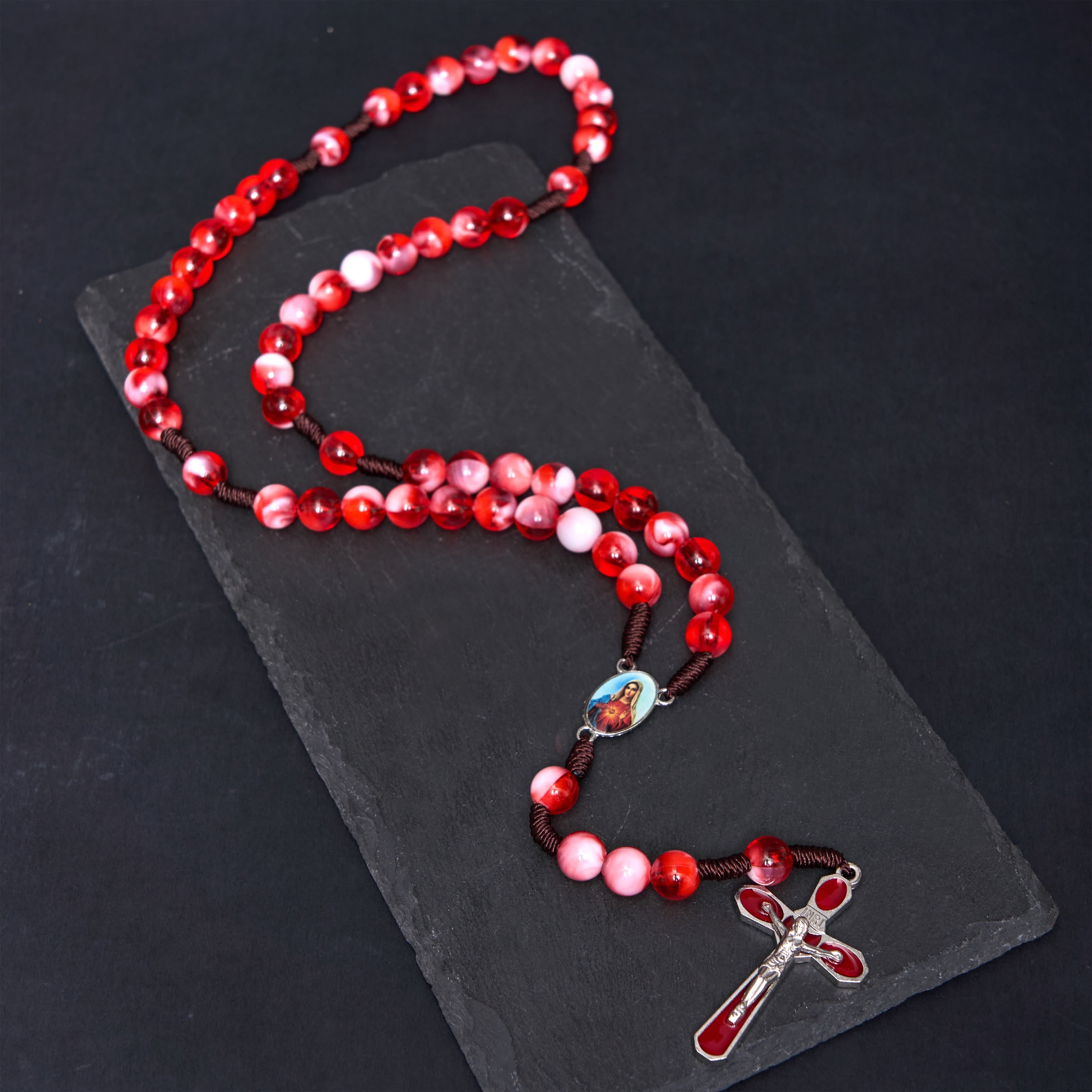 christiandiscipleshop Immaculate Heart of Mary & Crucifix of 10 mm Round Red Acrylic Nylon Cord Rosary