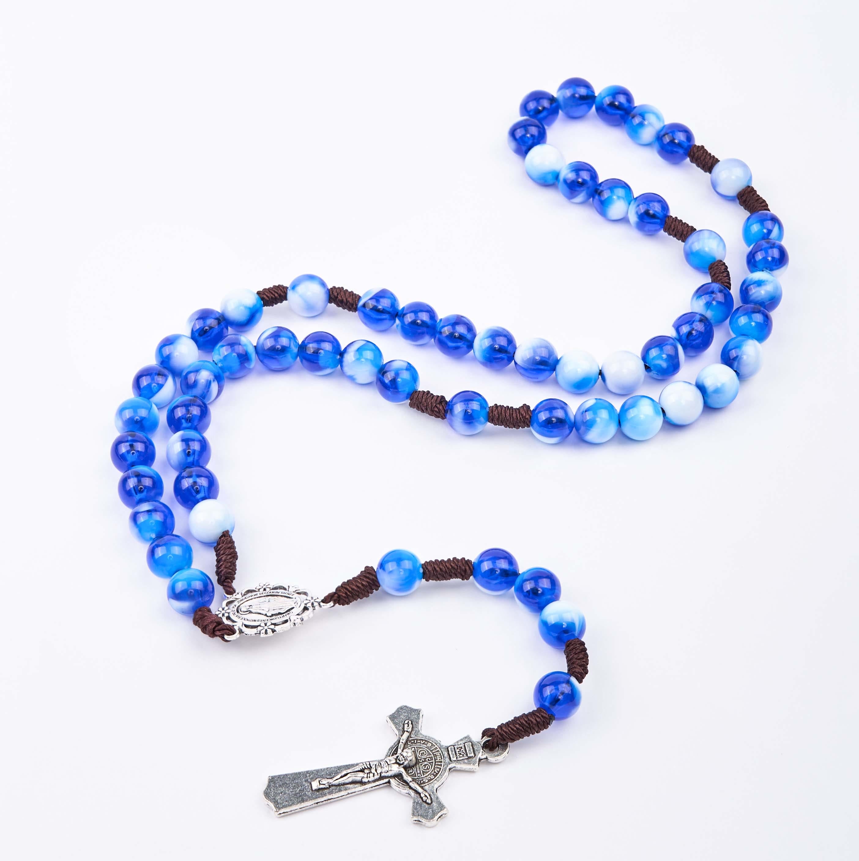 christiandiscipleshop Miraculous Medal & Crucifix of 10 mm Round Blue/Purple Acrylic Nylon Cord Rosary