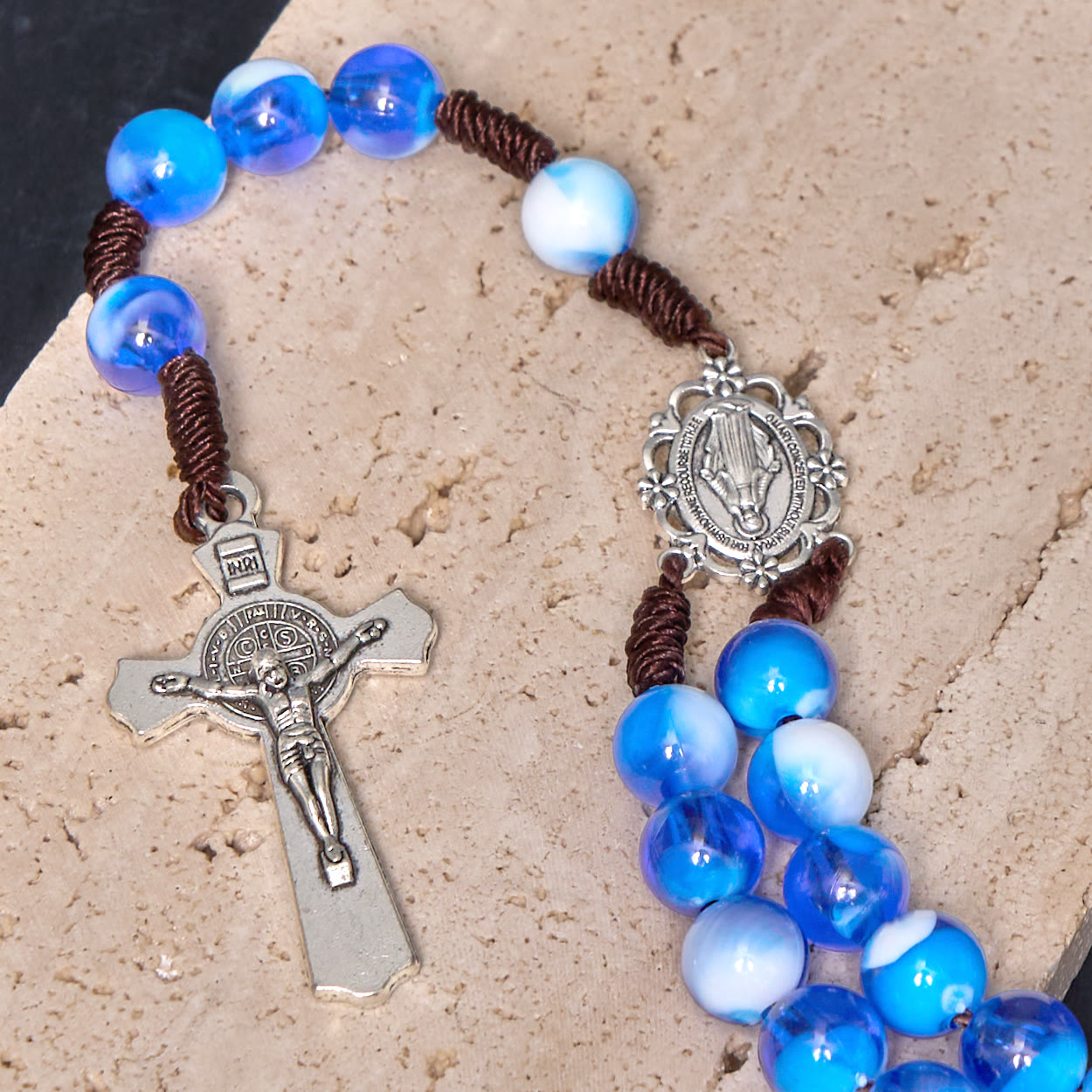christiandiscipleshop Miraculous Medal & Crucifix of 10 mm Round Blue/Purple Acrylic Nylon Cord Rosary