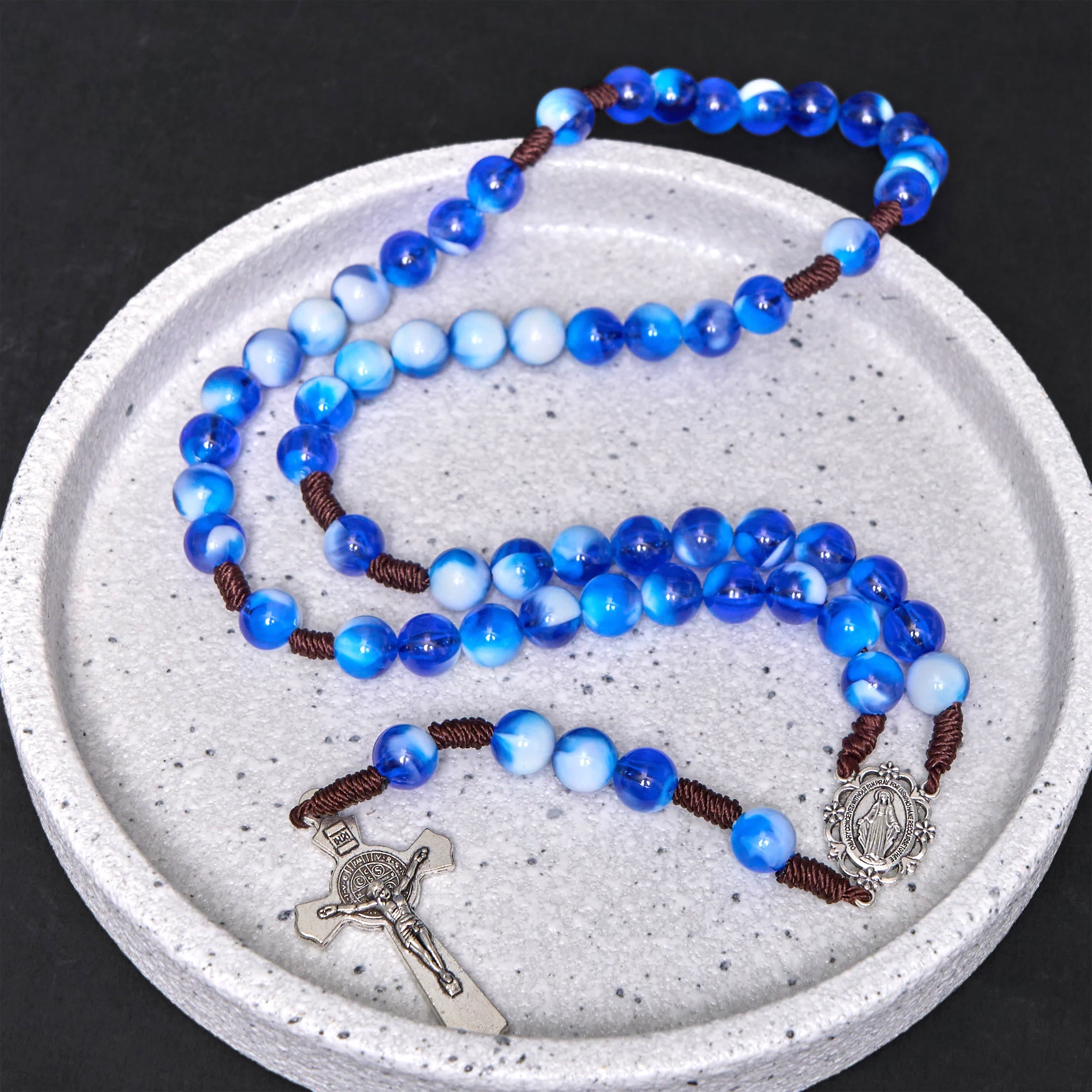 christiandiscipleshop Miraculous Medal & Crucifix of 10 mm Round Blue/Purple Acrylic Nylon Cord Rosary