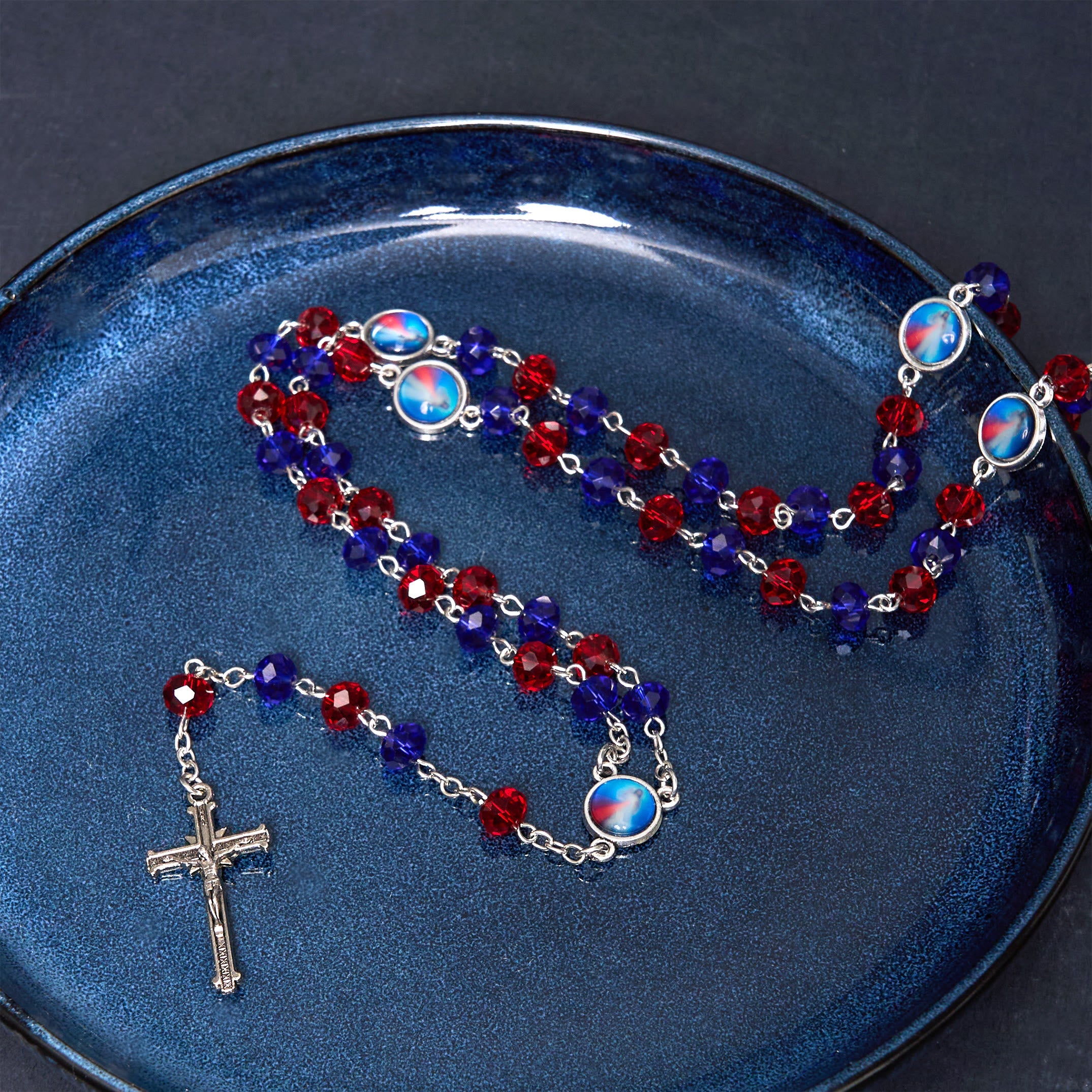 Christiandiscipleshop Sacred Heart of Jesus & Crucifix of 6*8 mm Polyhedron Multicolor Crystal Alloy Chain Rosary