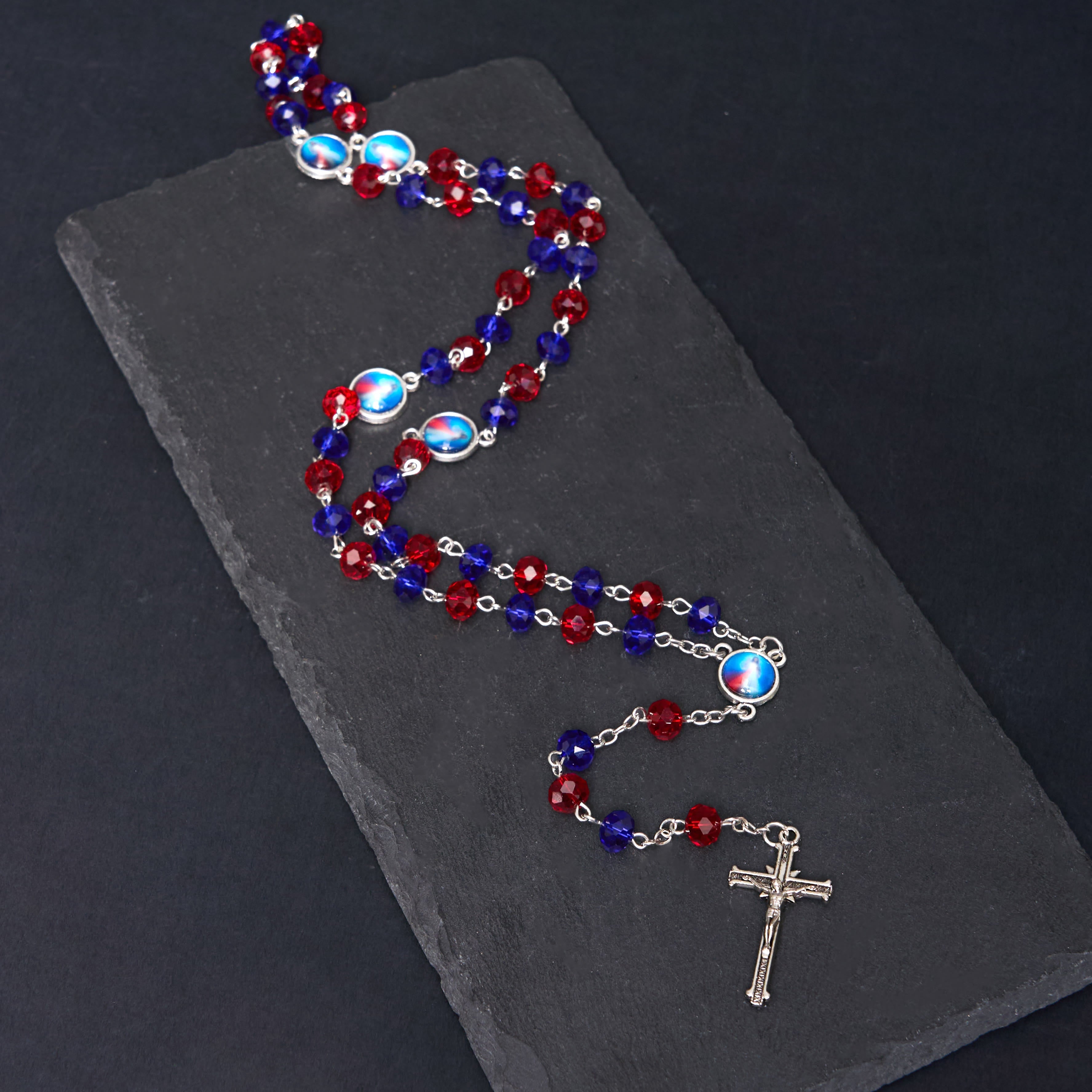 Christiandiscipleshop Sacred Heart of Jesus & Crucifix of 6*8 mm Polyhedron Multicolor Crystal Alloy Chain Rosary