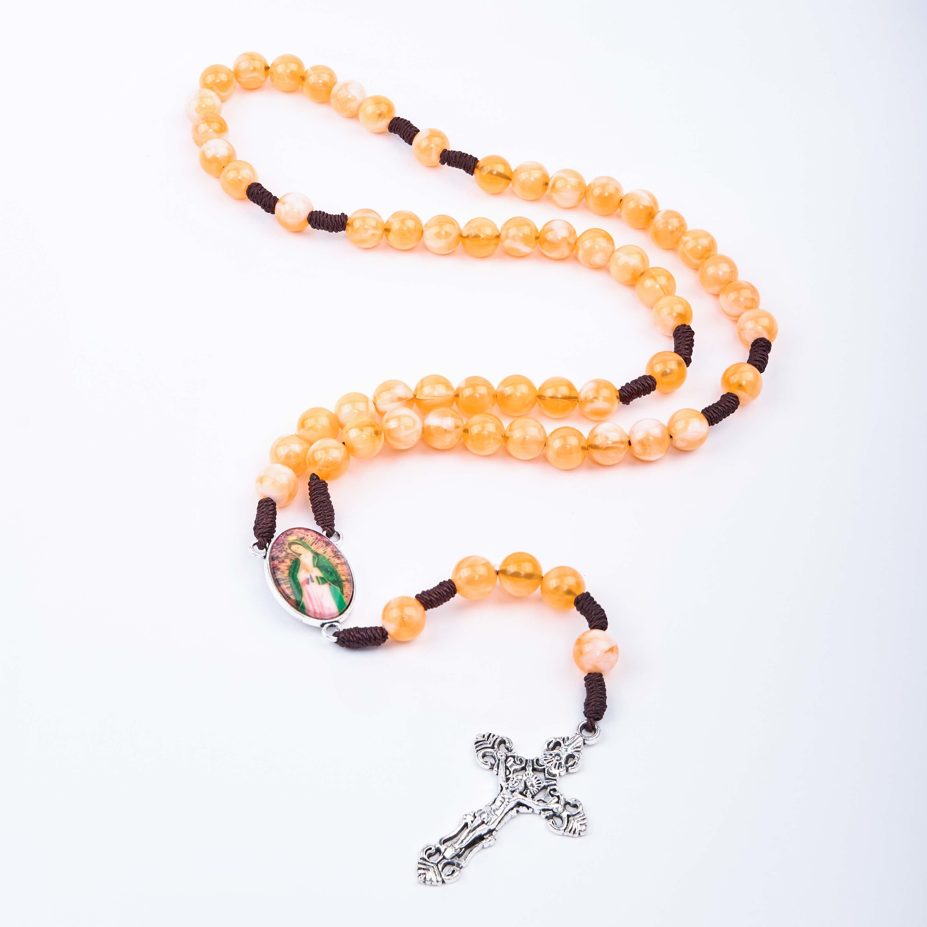 Christiandiscipleshop Our Lady of Guadalupe & Crucifix of 10 mm Round Orange Acrylic Nylon Cord Rosary