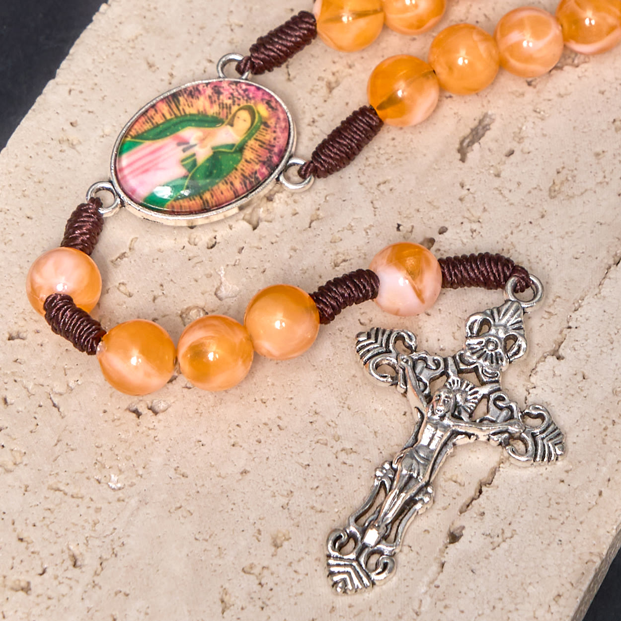 Christiandiscipleshop Our Lady of Guadalupe & Crucifix of 10 mm Round Orange Acrylic Nylon Cord Rosary