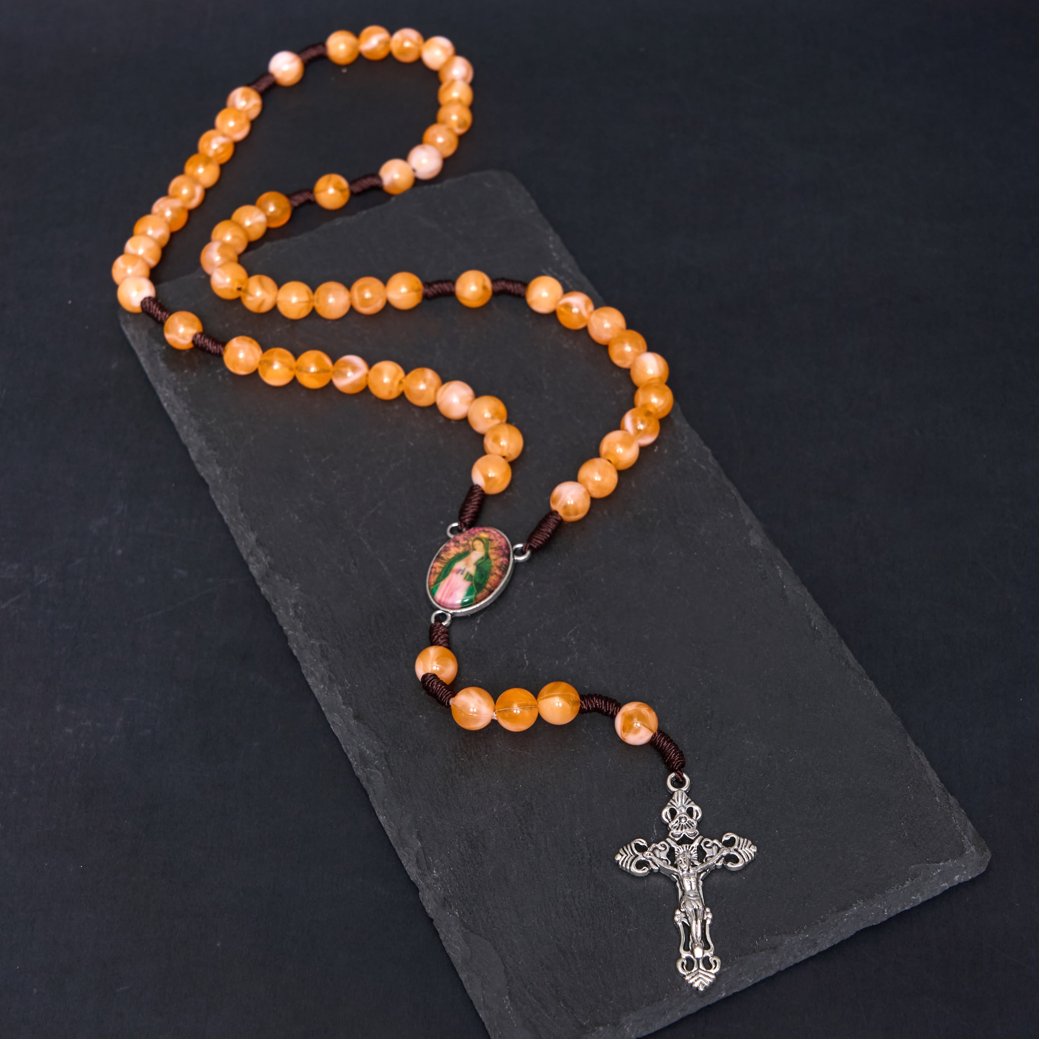 Christiandiscipleshop Our Lady of Guadalupe & Crucifix of 10 mm Round Orange Acrylic Nylon Cord Rosary