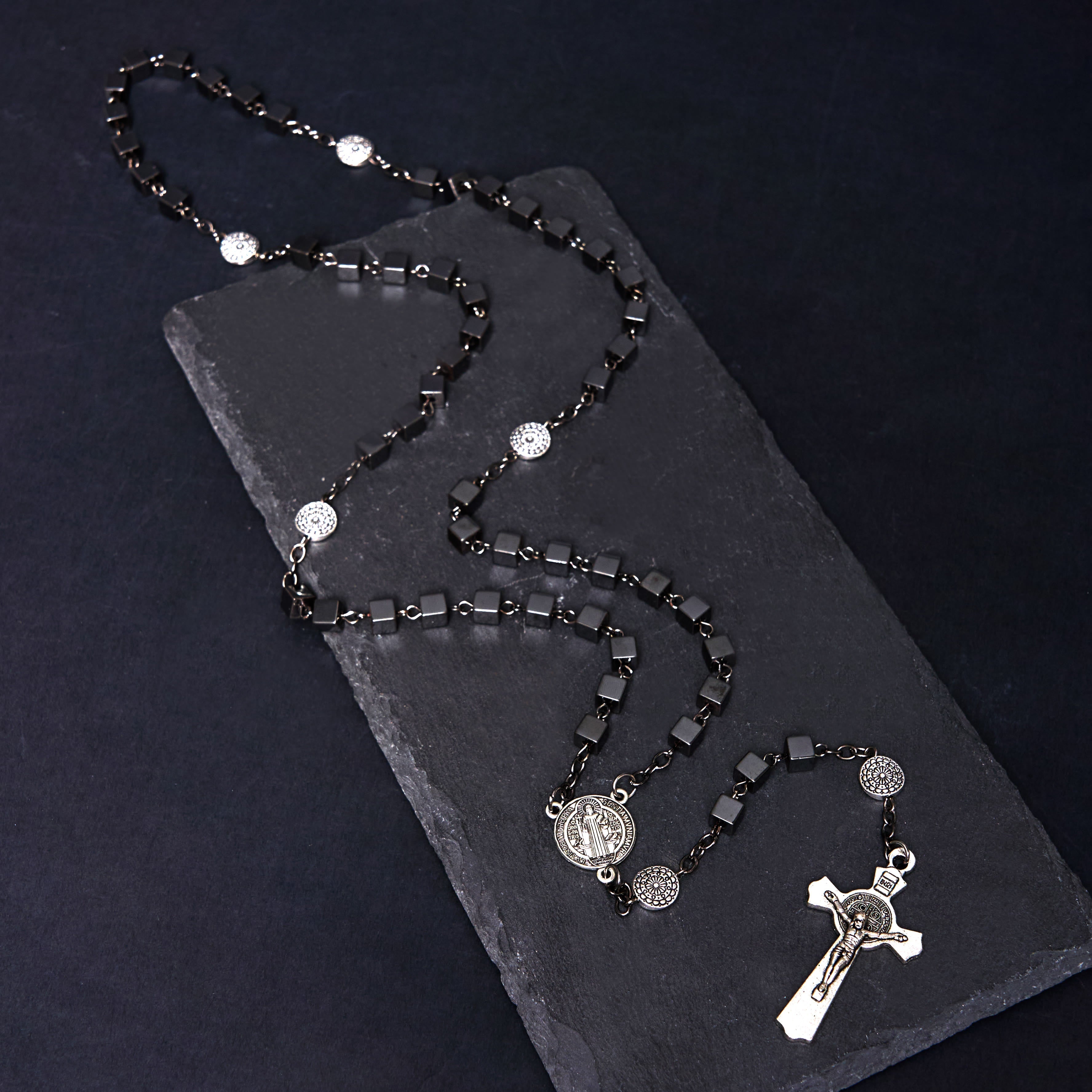 Christiandiscipleshop St. Benedict Medal & Crucifix of 6 mm Square Black Gallstone Alloy Chain Rosary