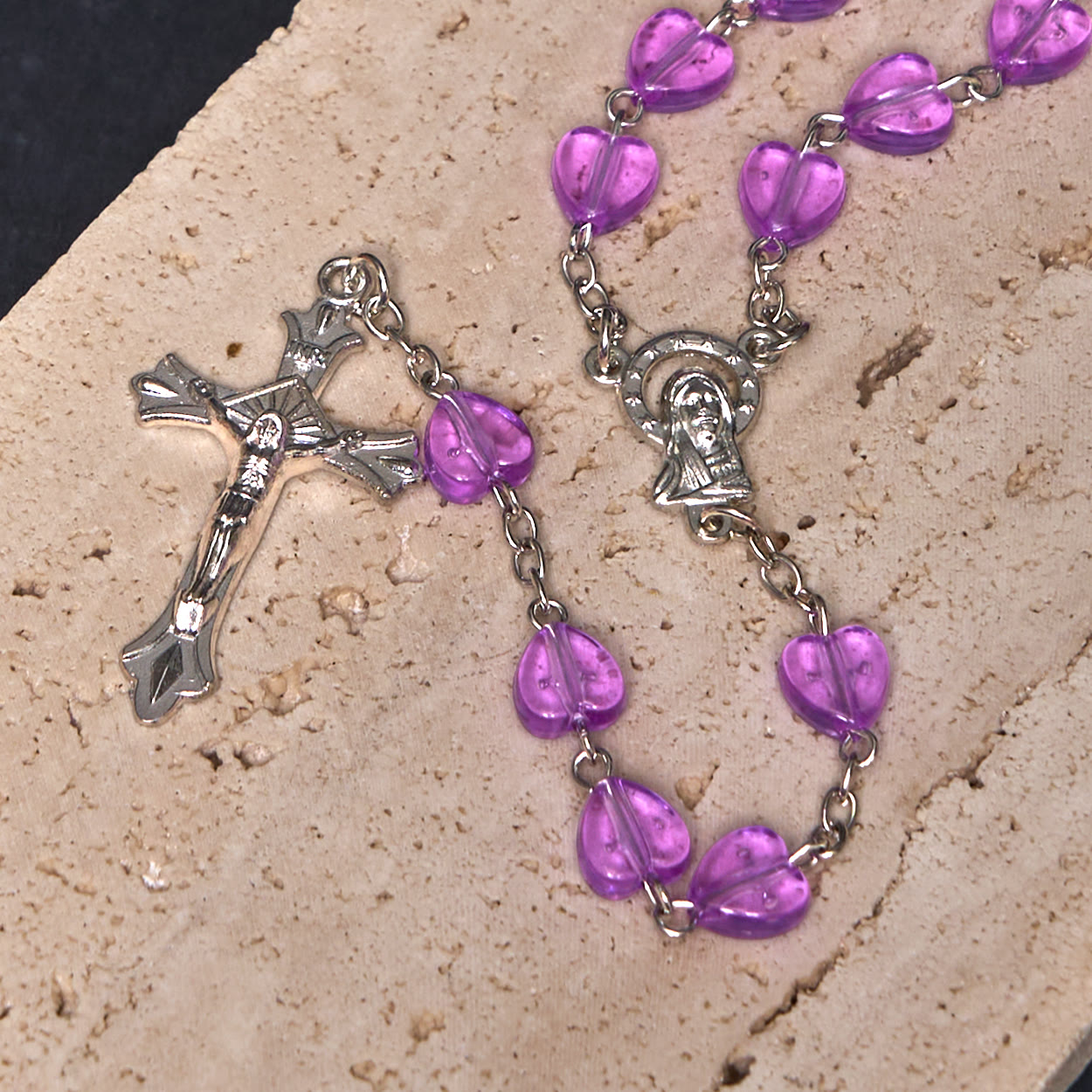 Christiandiscipleshop Our Lady of the Rosary & Crucifix of 8 mm Heart Purple Acrylic Alloy Chain Rosary