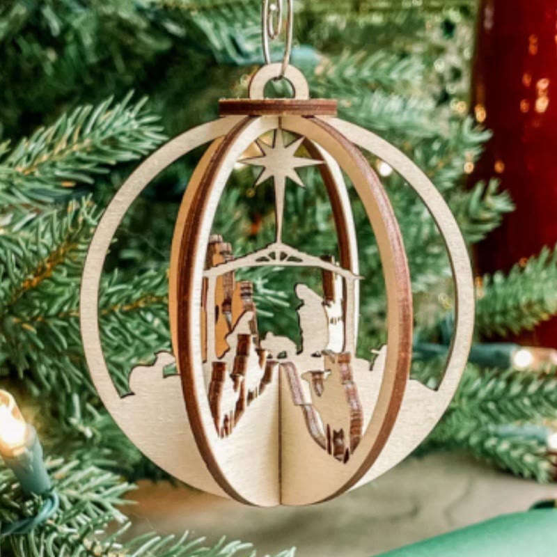 Christiandiscipleshop Rustic Style Nativity Scene Orb Wood Pendant Christmas Nativity Hanging Ornaments