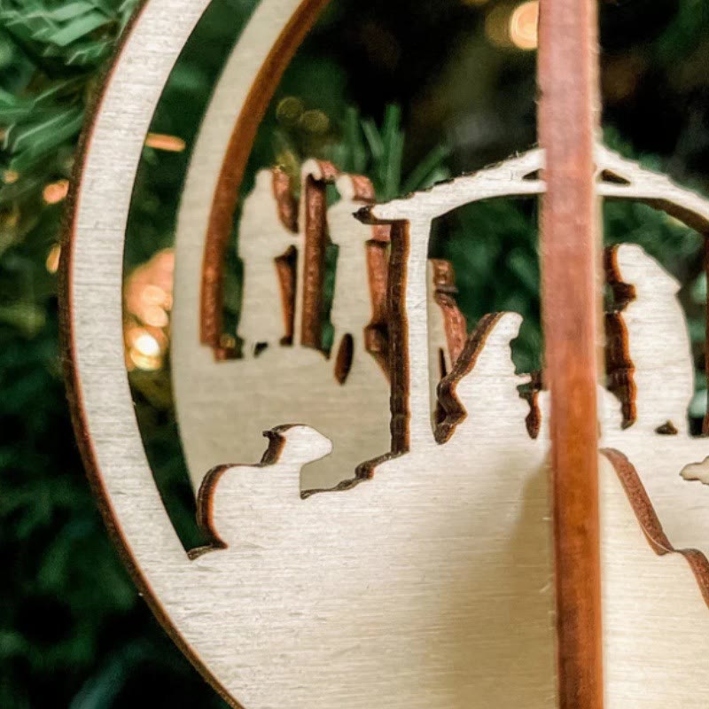 Christiandiscipleshop Rustic Style Nativity Scene Orb Wood Pendant Christmas Nativity Hanging Ornaments