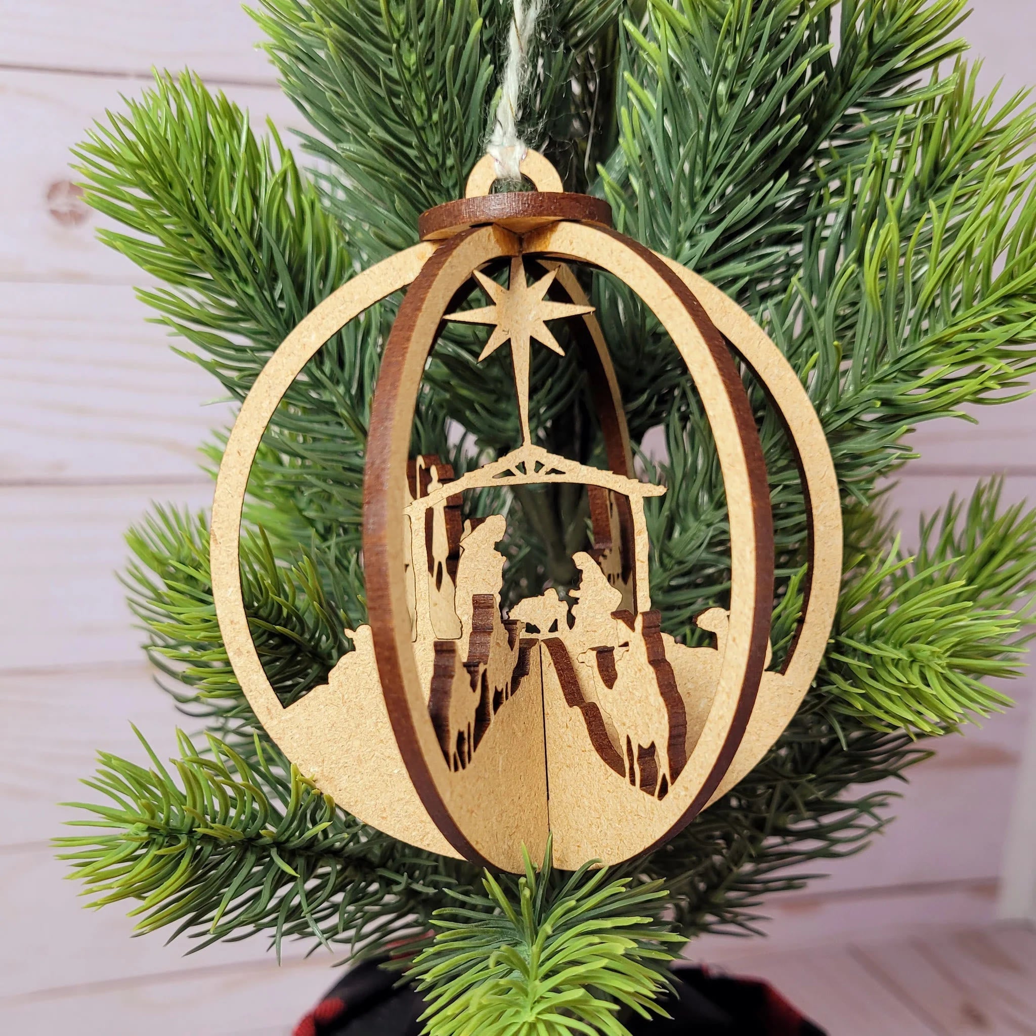 Christiandiscipleshop Rustic Style Nativity Scene Orb Wood Pendant Christmas Nativity Hanging Ornaments