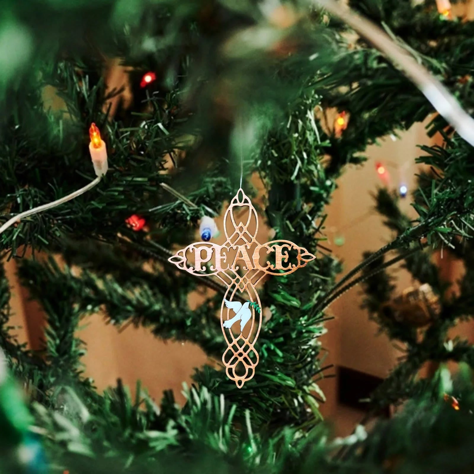 Christiandiscipleshop Farbige Friedenskreuz-Weihnachtsdekoration mit weißer Taube