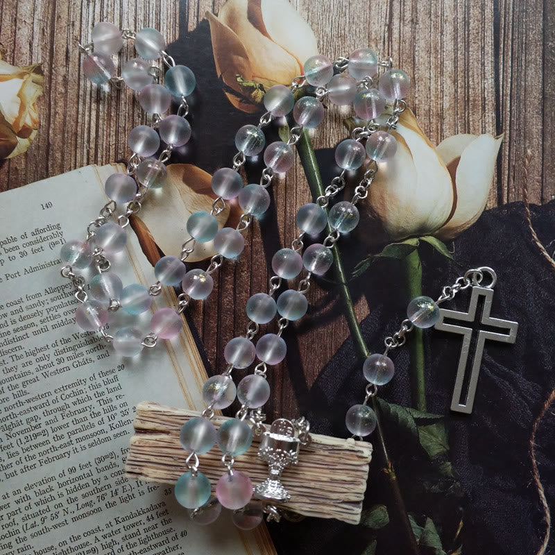 christiandiscipleshop Holy Grail & Cross of 8 mm Round Multicolor Glass Alloy Chain Rosary