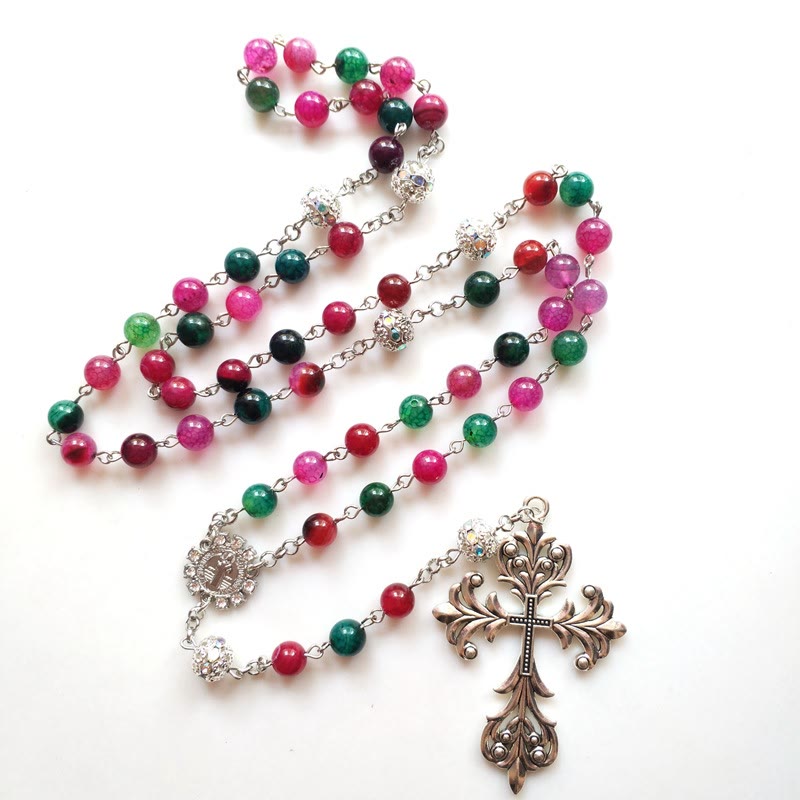 Christiandiscipleshop St. Benedict Medal & Cross of 8 mm Round Multicolor Natural Tourmaline Agate Alloy Chain Rosary