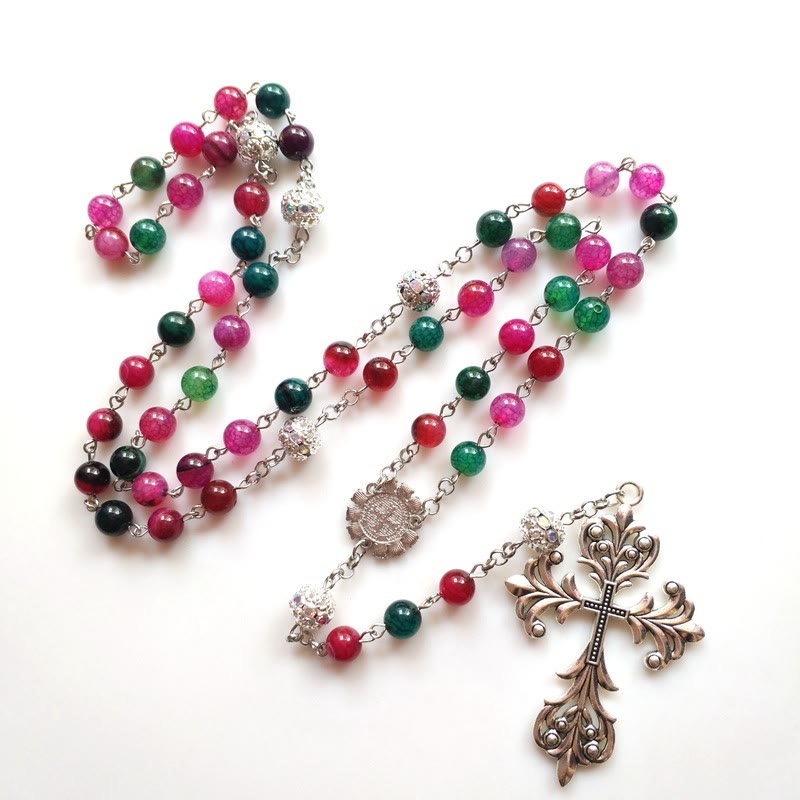 Christiandiscipleshop St. Benedict Medal & Cross of 8 mm Round Multicolor Natural Tourmaline Agate Alloy Chain Rosary