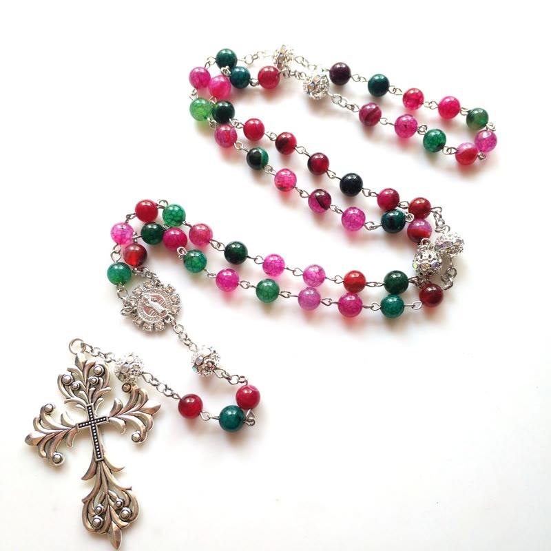 Christiandiscipleshop St. Benedict Medal & Cross of 8 mm Round Multicolor Natural Tourmaline Agate Alloy Chain Rosary