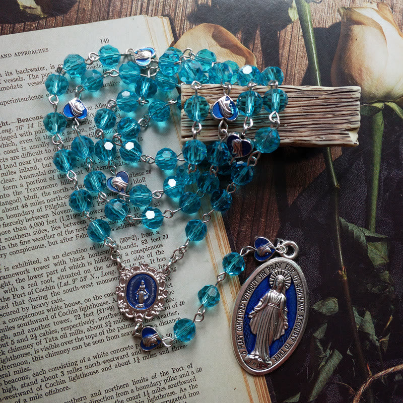 christiandiscipleshop Miraculous Medal of 8 mm Round Blue Glass Cystal Alloy Chain Rosary