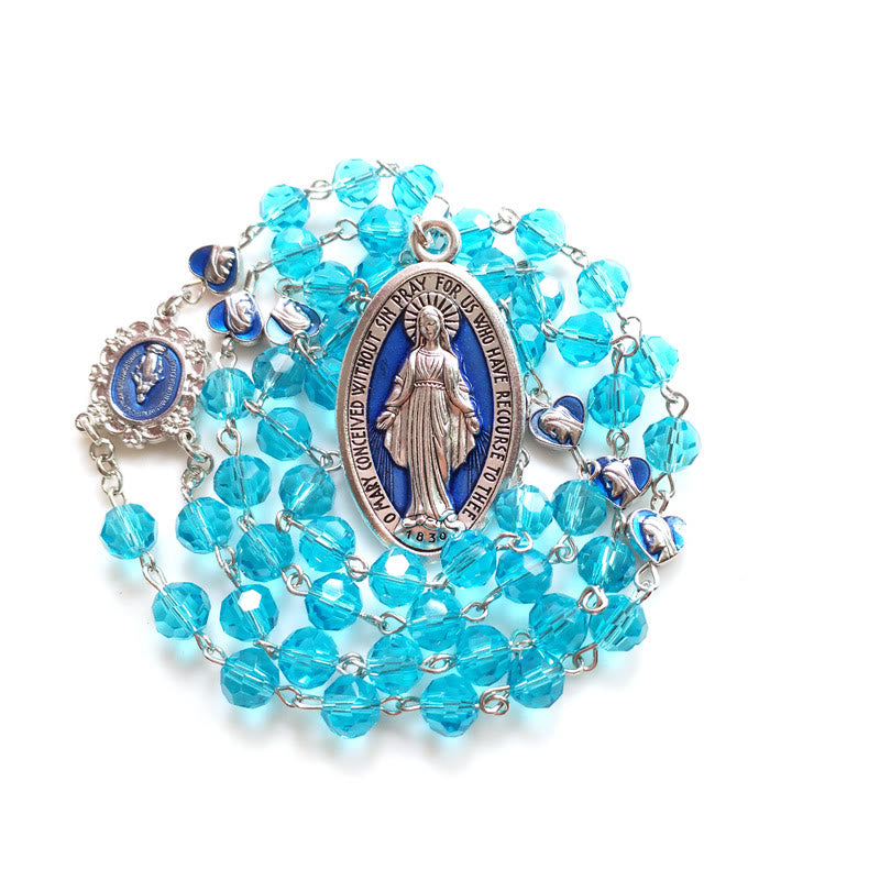 christiandiscipleshop Miraculous Medal of 8 mm Round Blue Glass Cystal Alloy Chain Rosary