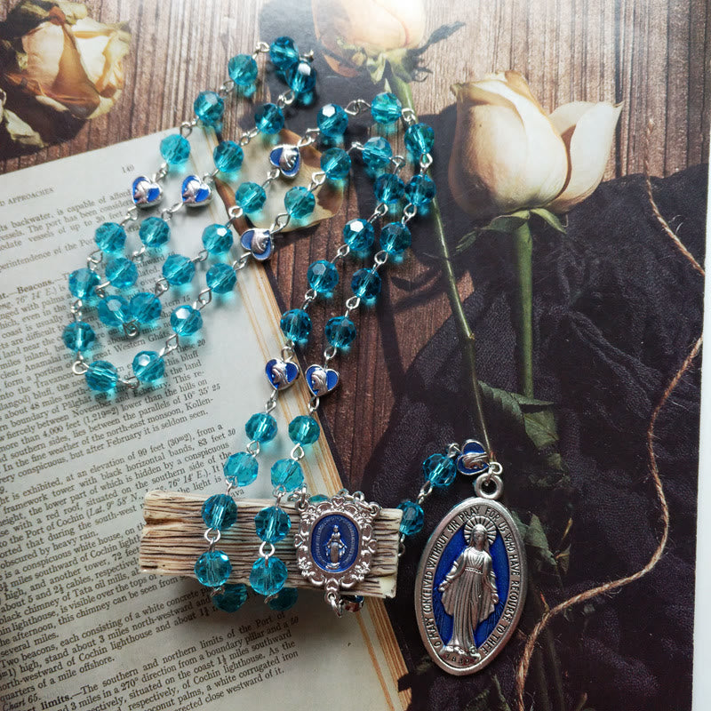 christiandiscipleshop Miraculous Medal of 8 mm Round Blue Glass Cystal Alloy Chain Rosary