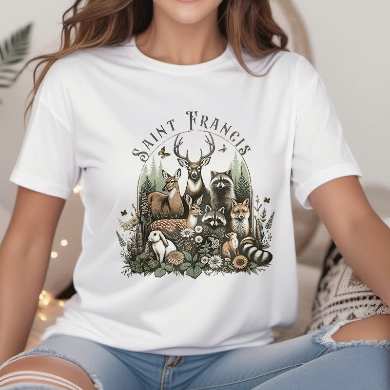 Christiandiscipleshop Farbiges T-Shirt „Harmonie der Natur“ mit dem Motiv des Heiligen Franziskus, Kurzarm, gewaschen