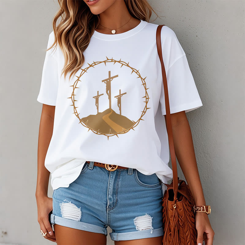 christiandiscipleshop Minimalist Style Three Crosses Of Calvary Short Sleeve Washed T-shirt