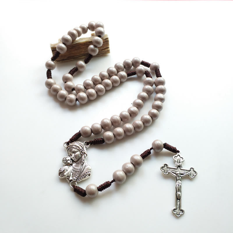 christiandiscipleshop Madonna and Child & Crucifix of 10 mm Round Brown Wood Nylon Cord Rosary