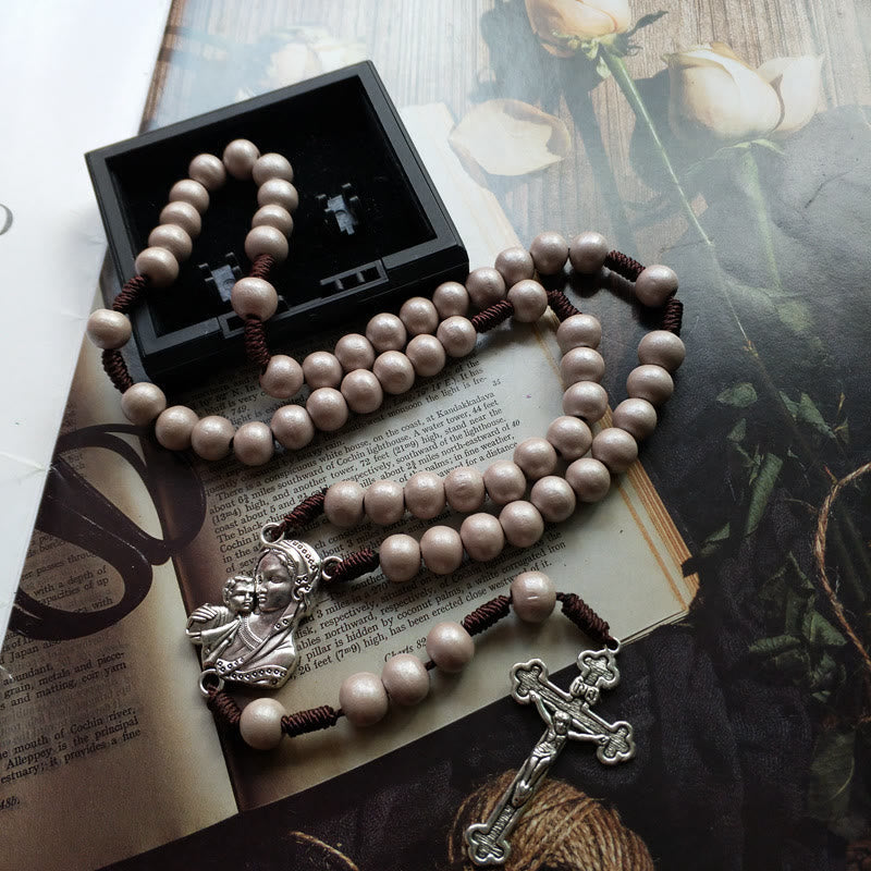 christiandiscipleshop Madonna and Child & Crucifix of 10 mm Round Brown Wood Nylon Cord Rosary