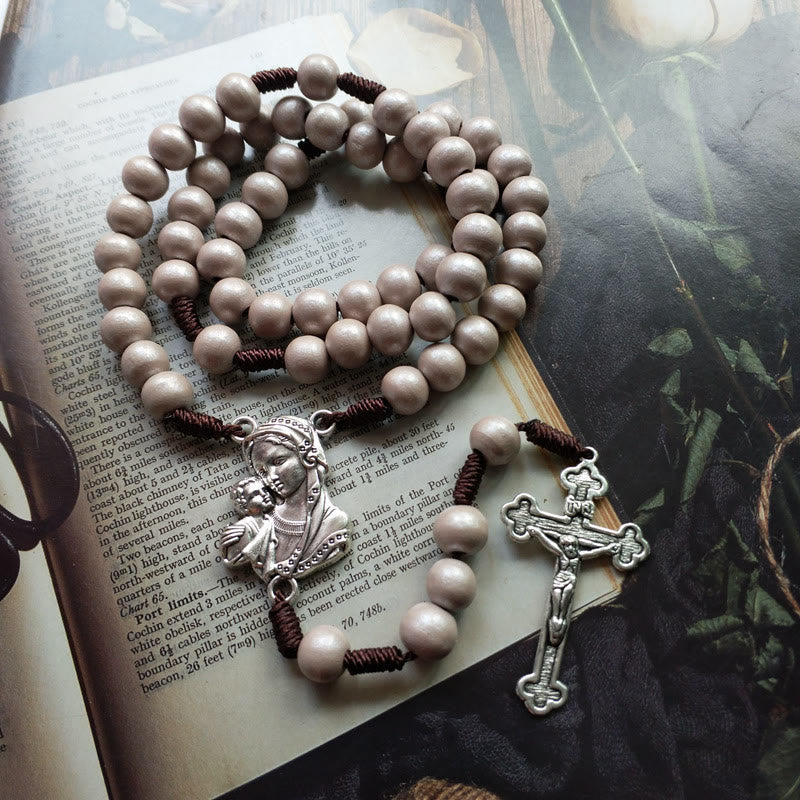 christiandiscipleshop Madonna and Child & Crucifix of 10 mm Round Brown Wood Nylon Cord Rosary
