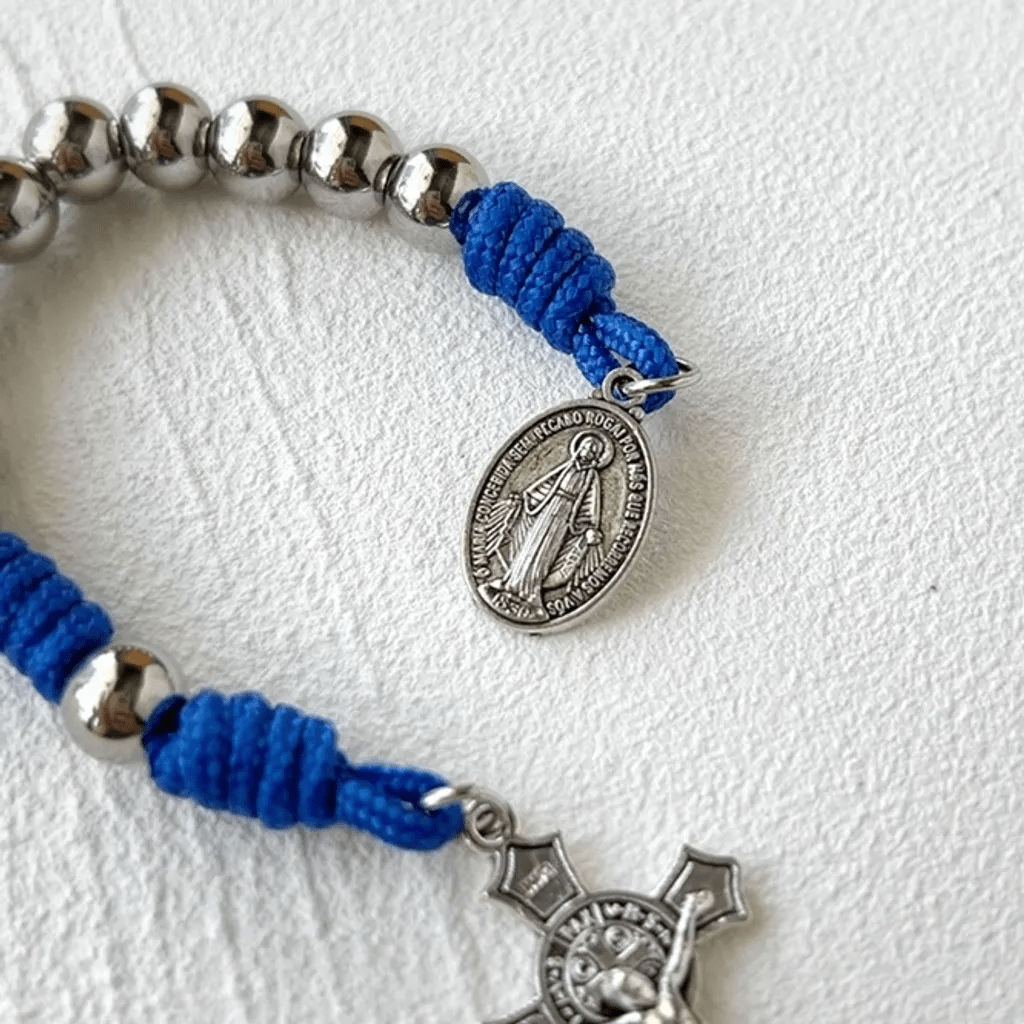 christiandiscipleshop Miraculous Medal & Crucifix of 8 mm Round Silver Stainless Steel Blue Paracord Pocket Rosary