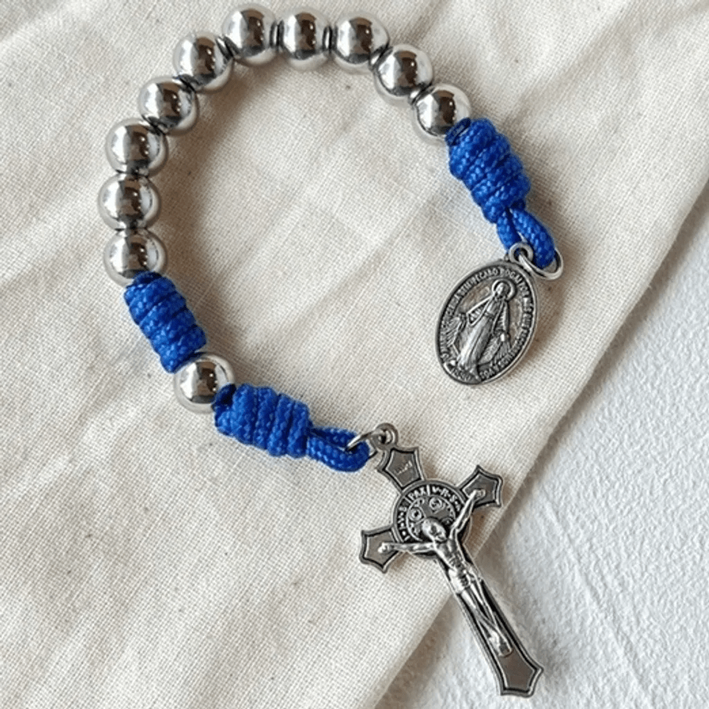 christiandiscipleshop Miraculous Medal & Crucifix of 8 mm Round Silver Stainless Steel Blue Paracord Pocket Rosary