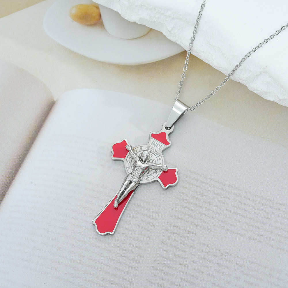 christiandiscipleshop Moderne klassische Halskette mit mehrfarbigem Kruzifix-Anhänger und St.-Benedikt-Medaille (8 Farben)