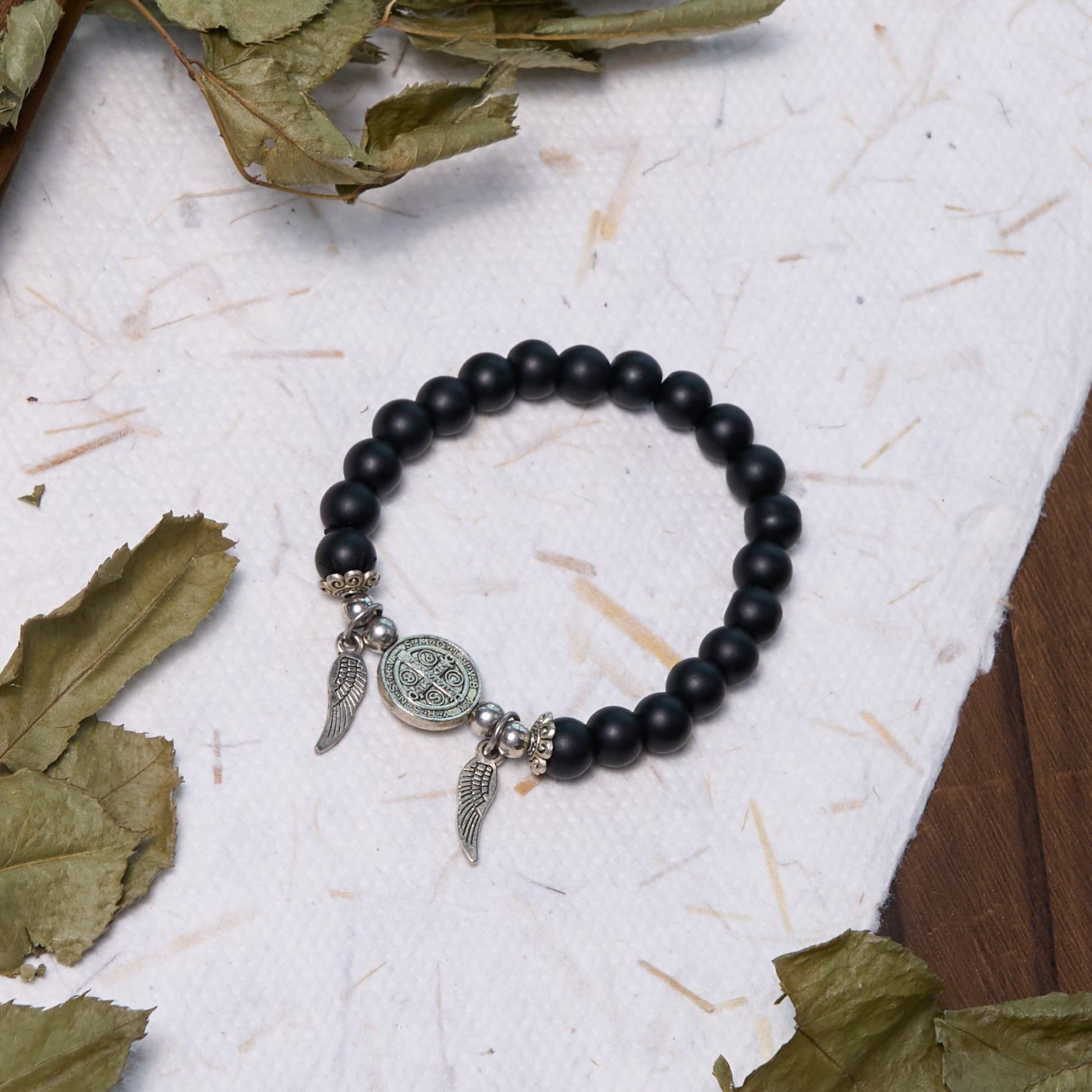 Christiandiscipleshop Ebony Beads St. Benedict Medal & Angel Wings Protection Bracelet