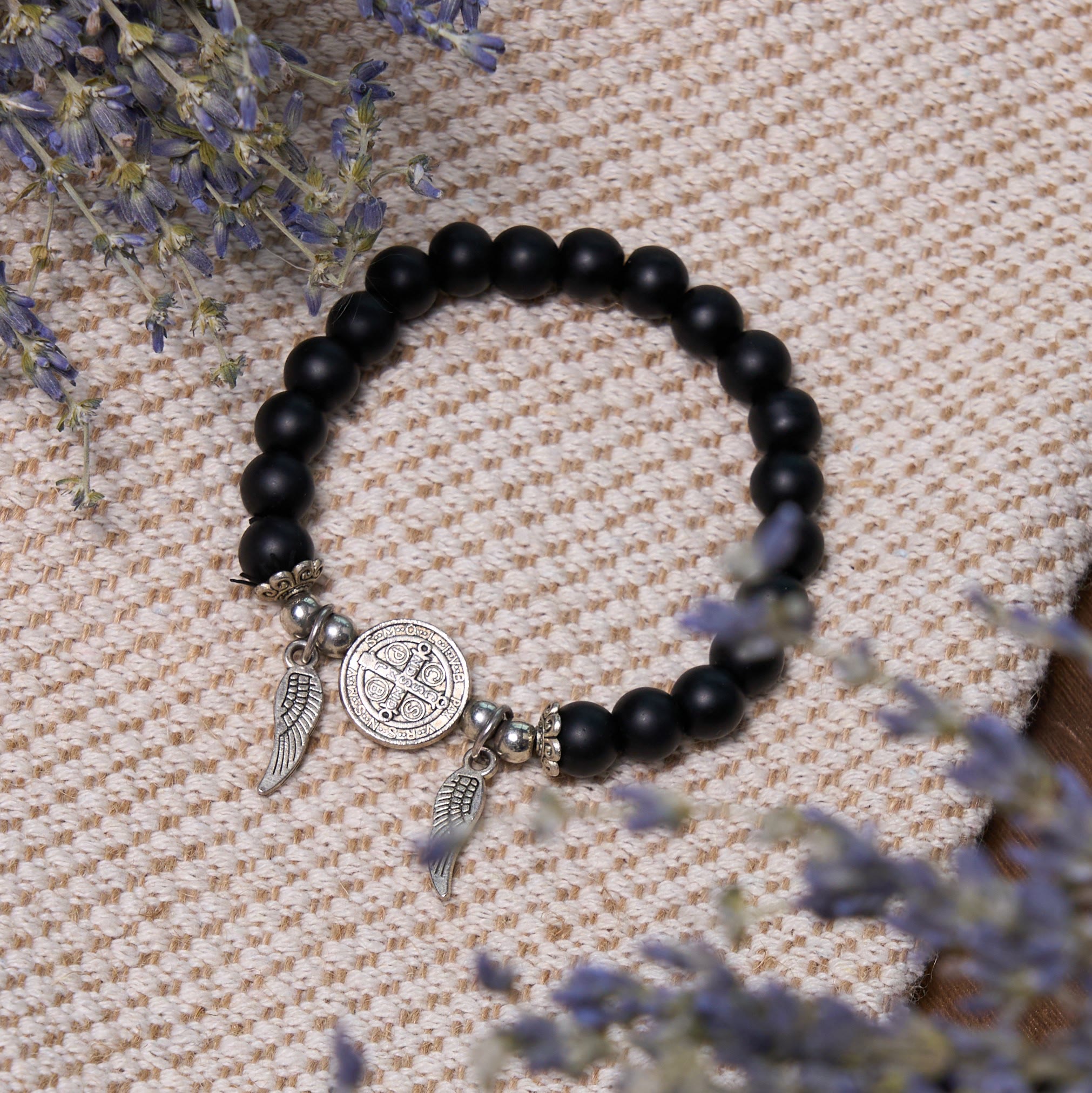 Christiandiscipleshop Ebony Beads St. Benedict Medal & Angel Wings Protection Bracelet