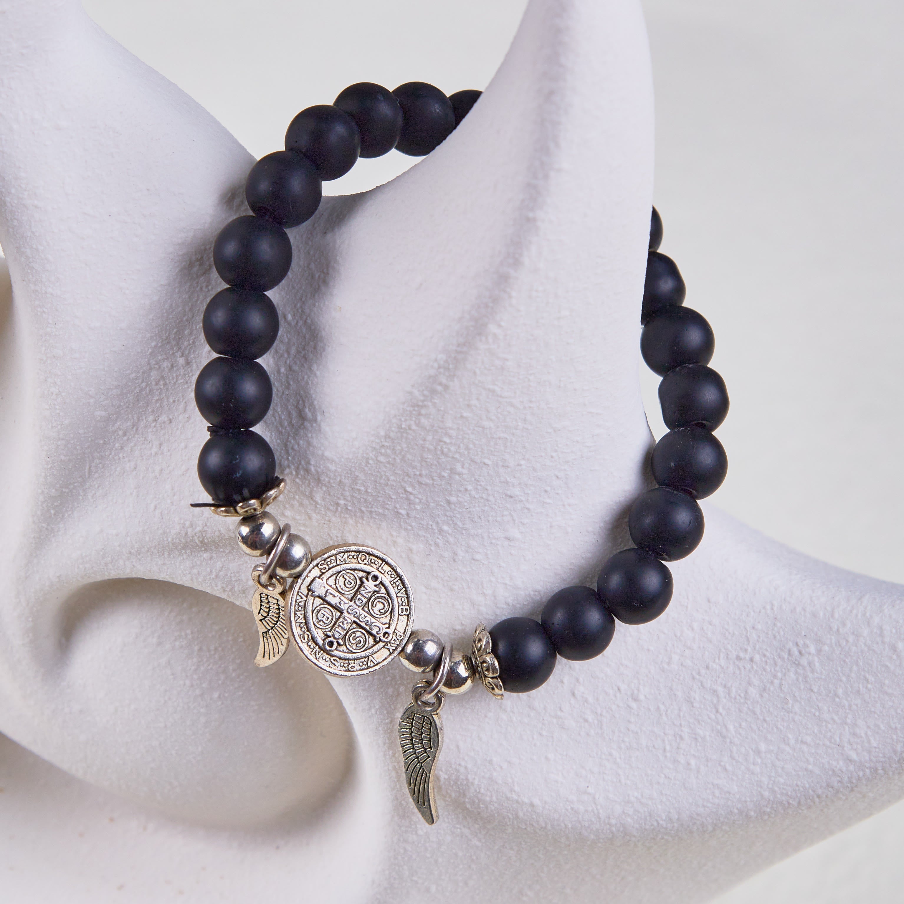 Christiandiscipleshop Ebony Beads St. Benedict Medal & Angel Wings Protection Bracelet