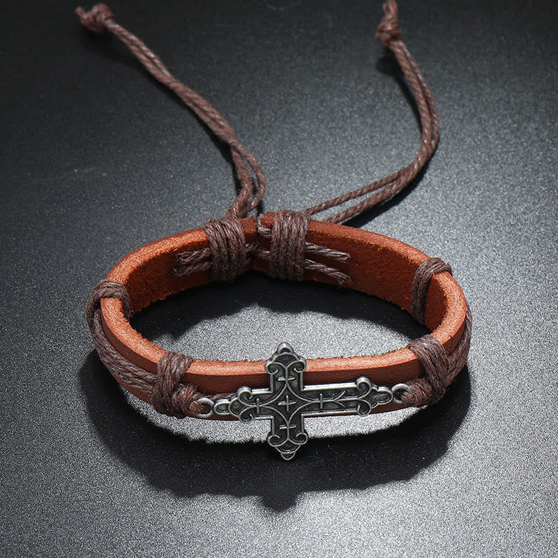 Christiandiscipleshop Old Crafted Style Cross Pendant Leather Drawstring Adjustable Faithful Bound Bracelet