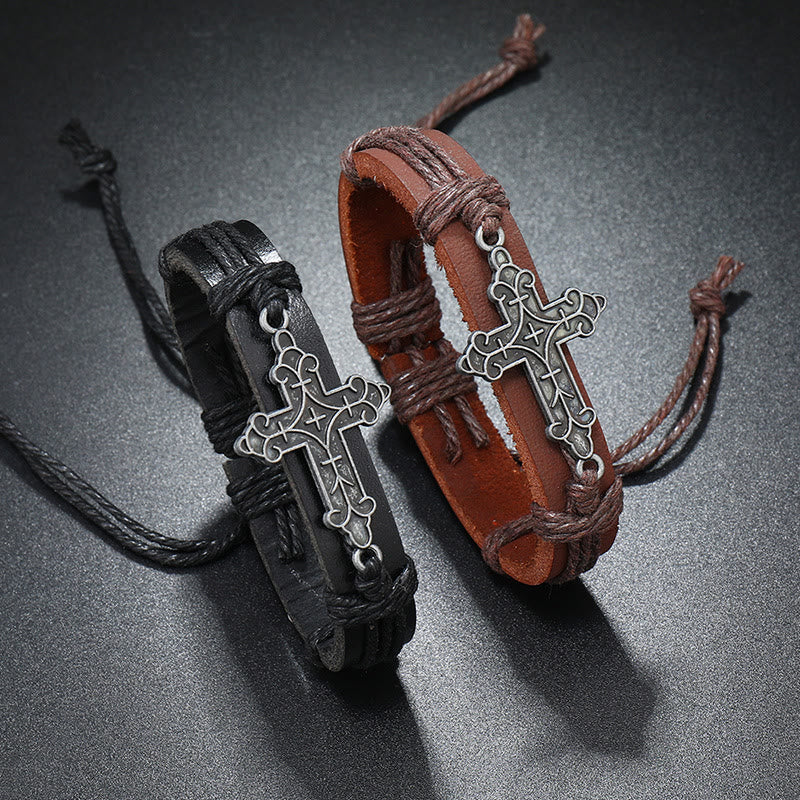 Christiandiscipleshop Old Crafted Style Cross Pendant Leather Drawstring Adjustable Faithful Bound Bracelet