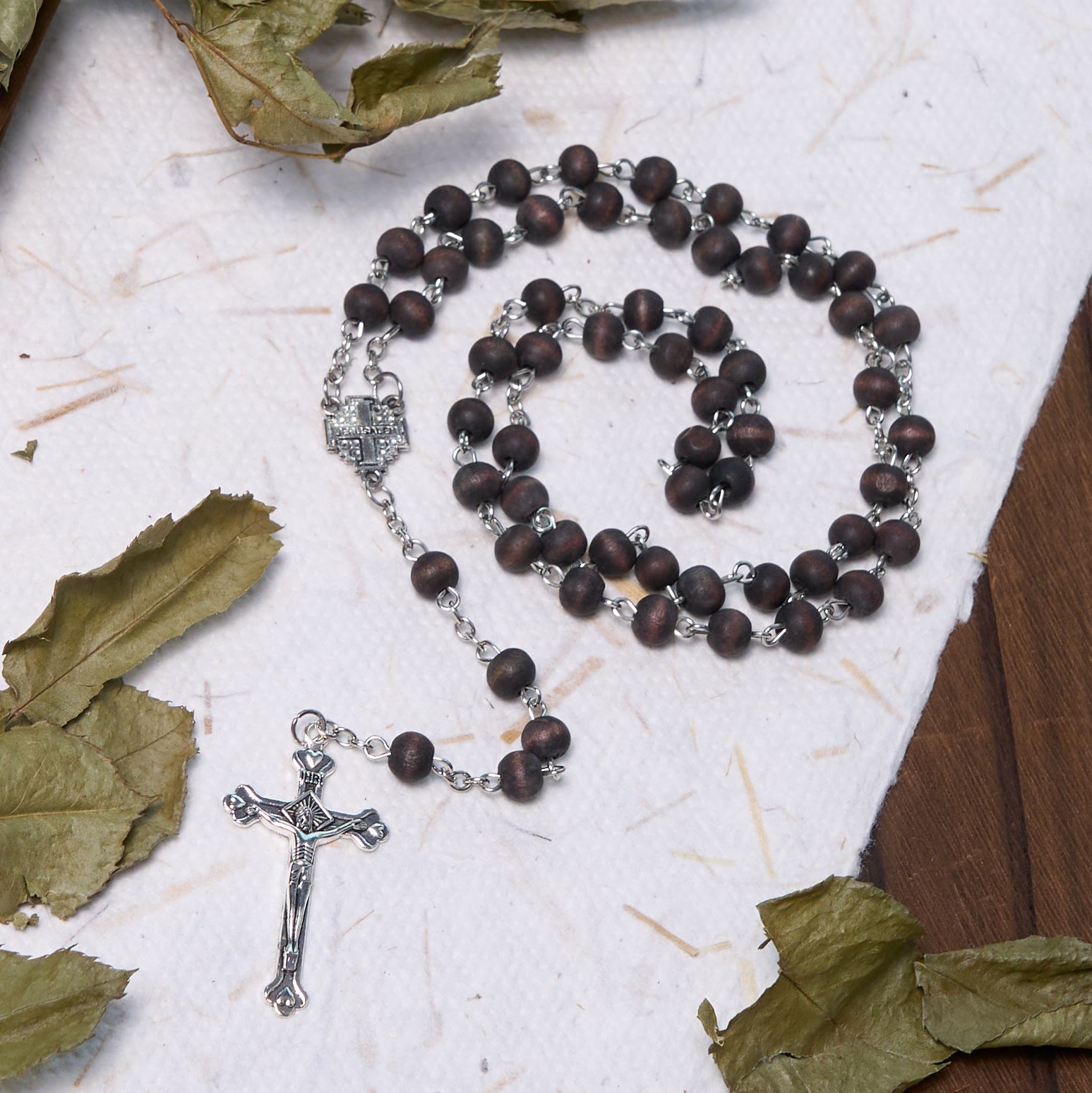 christiandiscipleshop Jerusalem Medal & Crucifix of 7 mm Round White Rosewood Alloy Chain Rosary