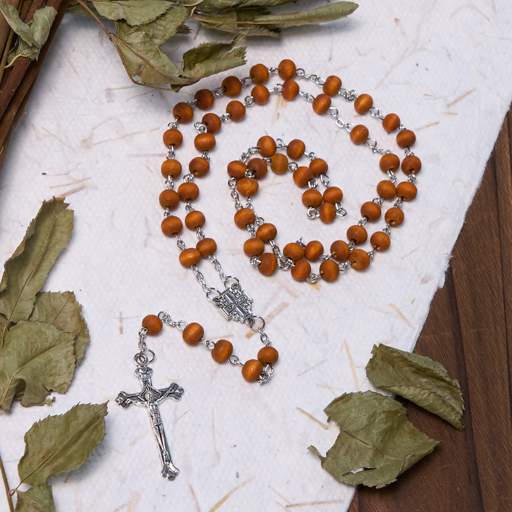 christiandiscipleshop Jerusalem Medal & Crucifix of 7 mm Round White Rosewood Alloy Chain Rosary