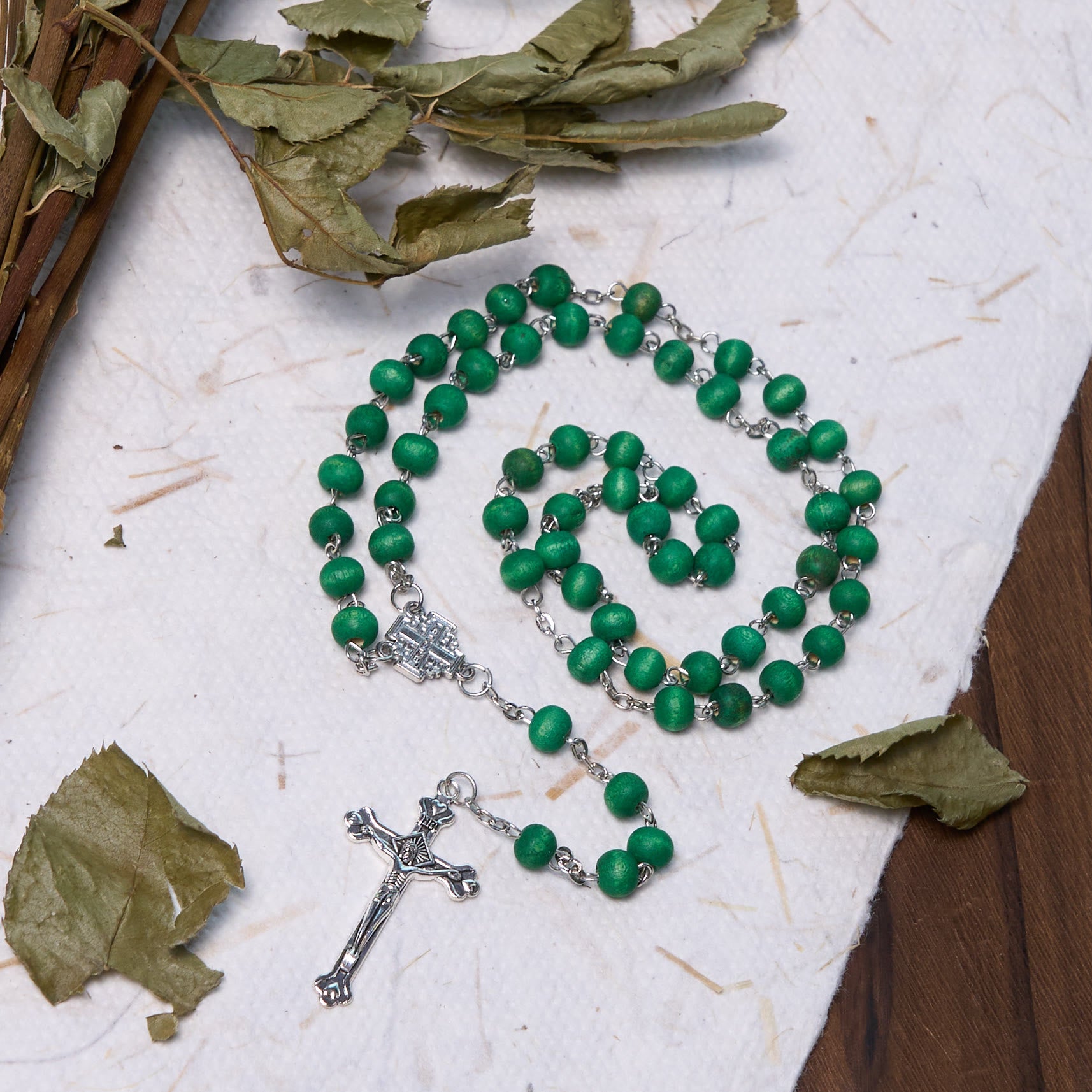 christiandiscipleshop Jerusalem Medal & Crucifix of 7 mm Round White Rosewood Alloy Chain Rosary