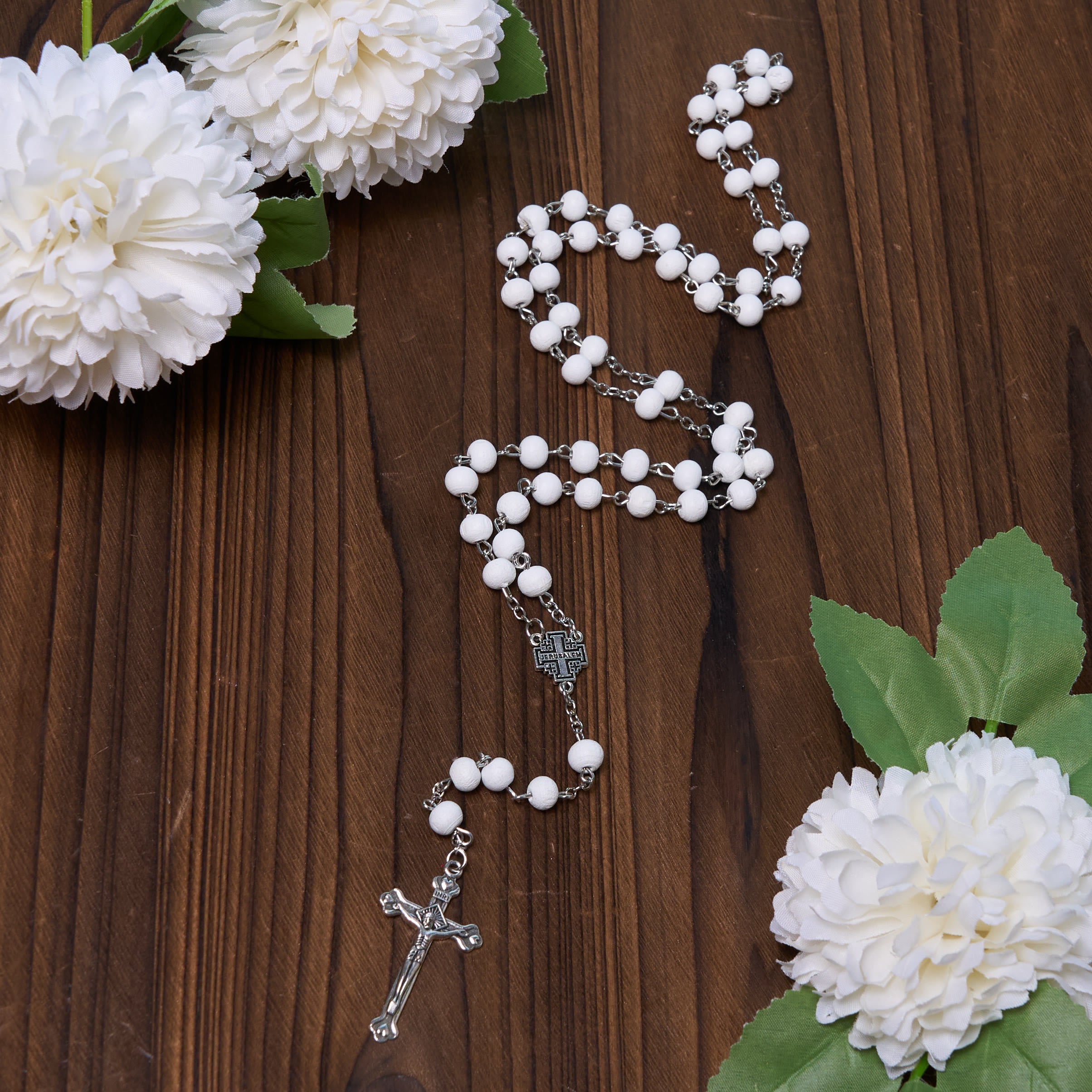 christiandiscipleshop Jerusalem Medal & Crucifix of 7 mm Round White Rosewood Alloy Chain Rosary