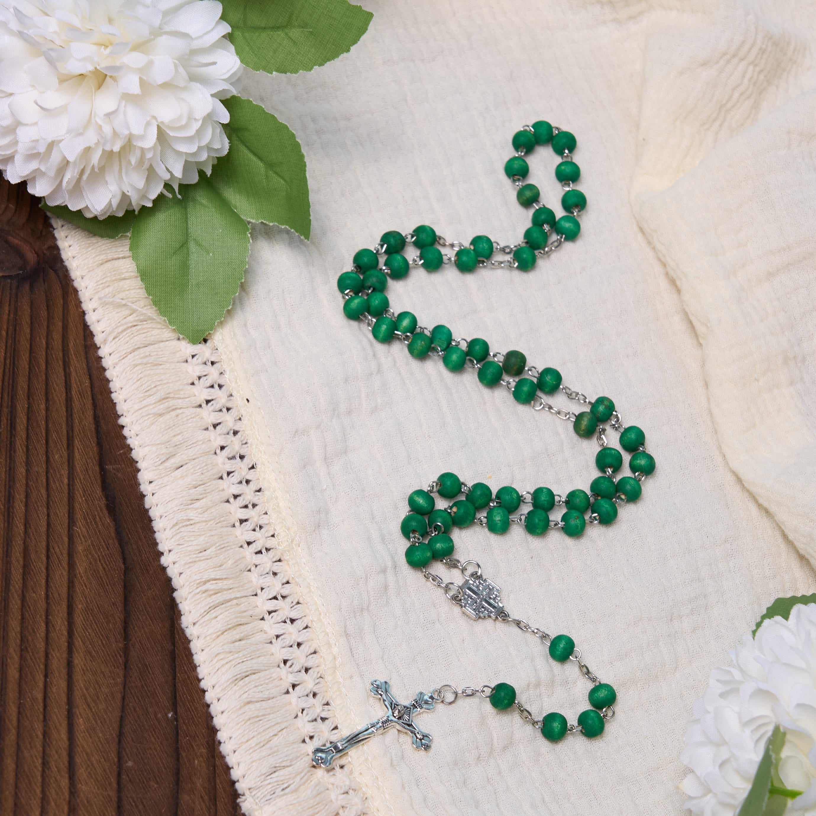 christiandiscipleshop Jerusalem Medal & Crucifix of 7 mm Round White Rosewood Alloy Chain Rosary