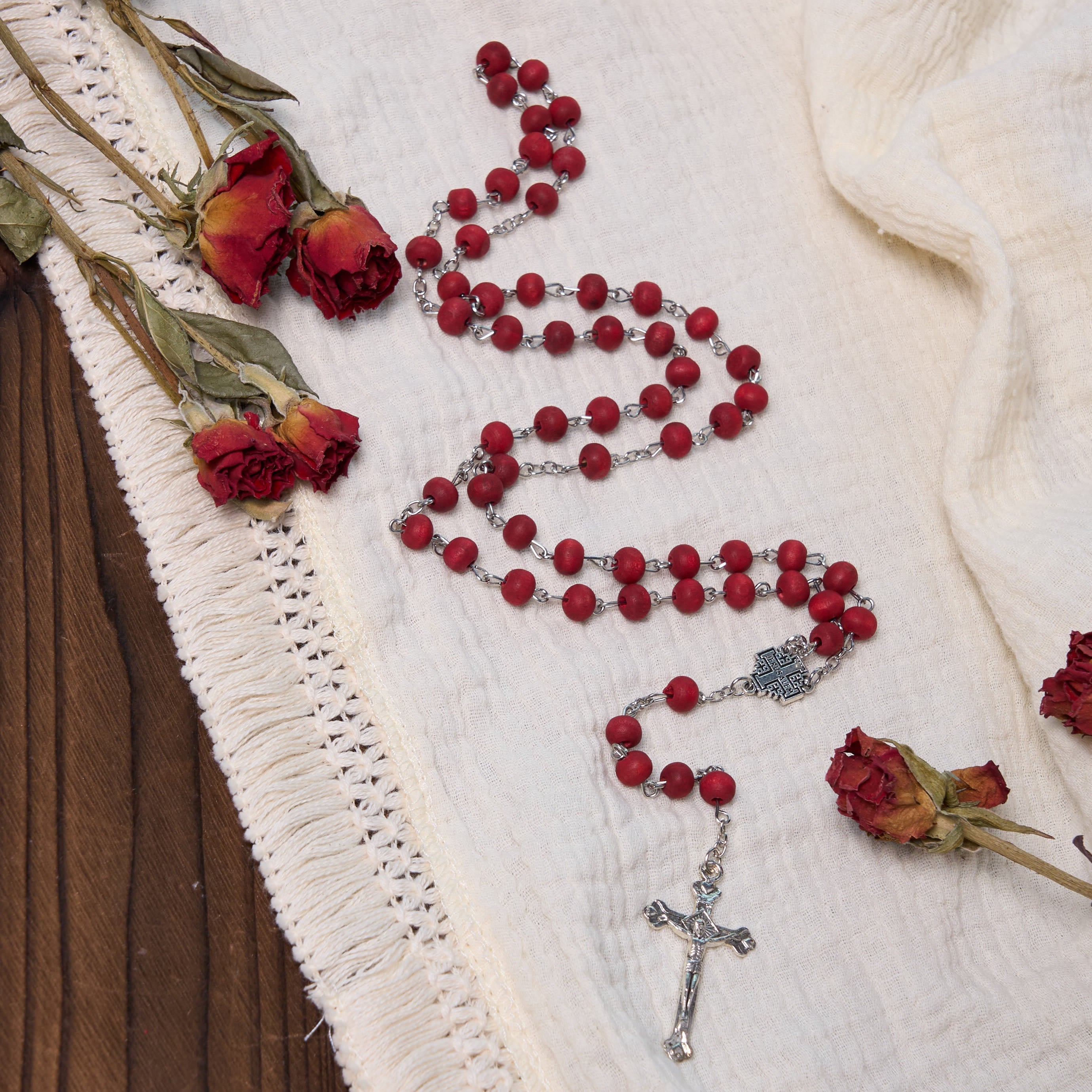 christiandiscipleshop Jerusalem Medal & Crucifix of 7 mm Round White Rosewood Alloy Chain Rosary