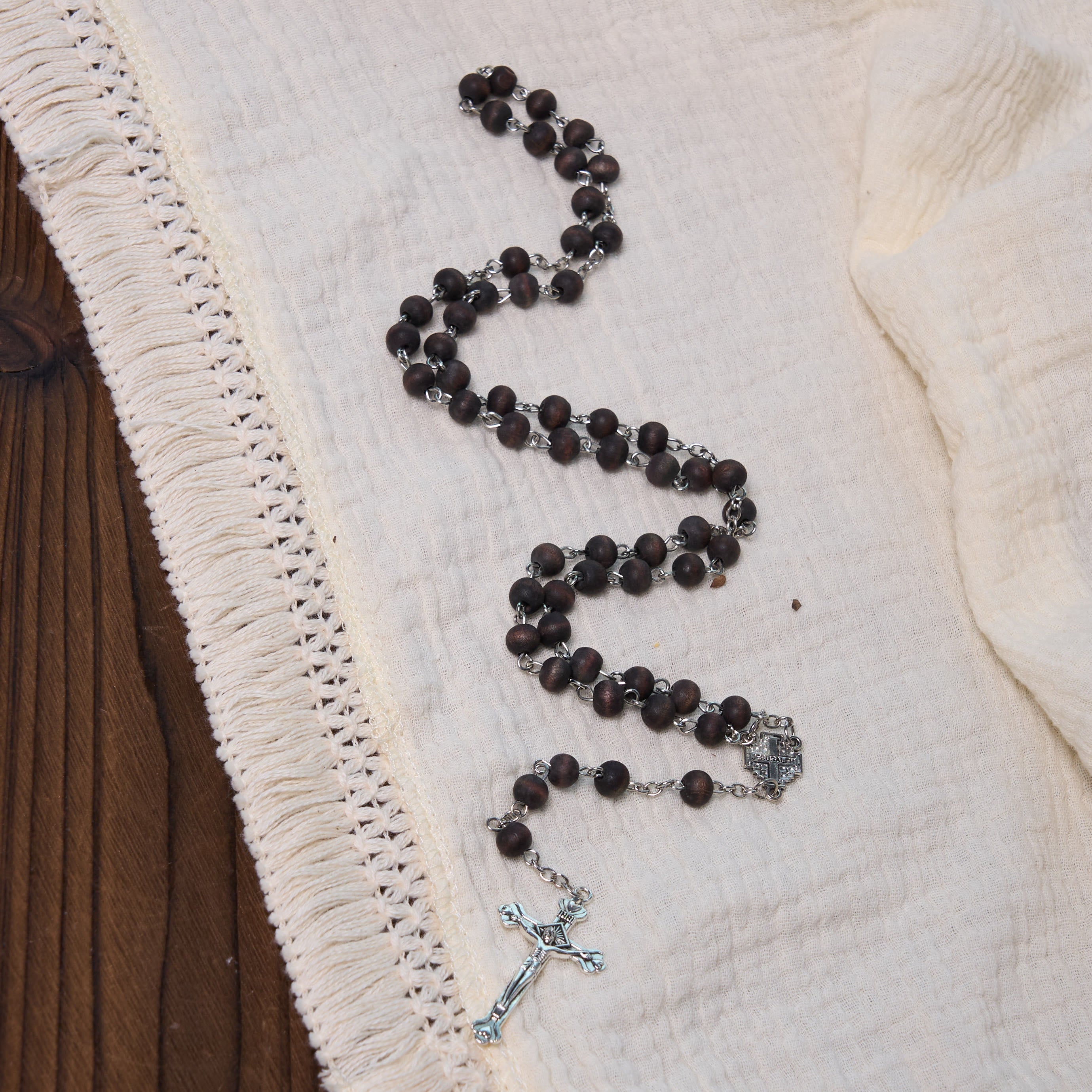 christiandiscipleshop Jerusalem Medal & Crucifix of 7 mm Round White Rosewood Alloy Chain Rosary